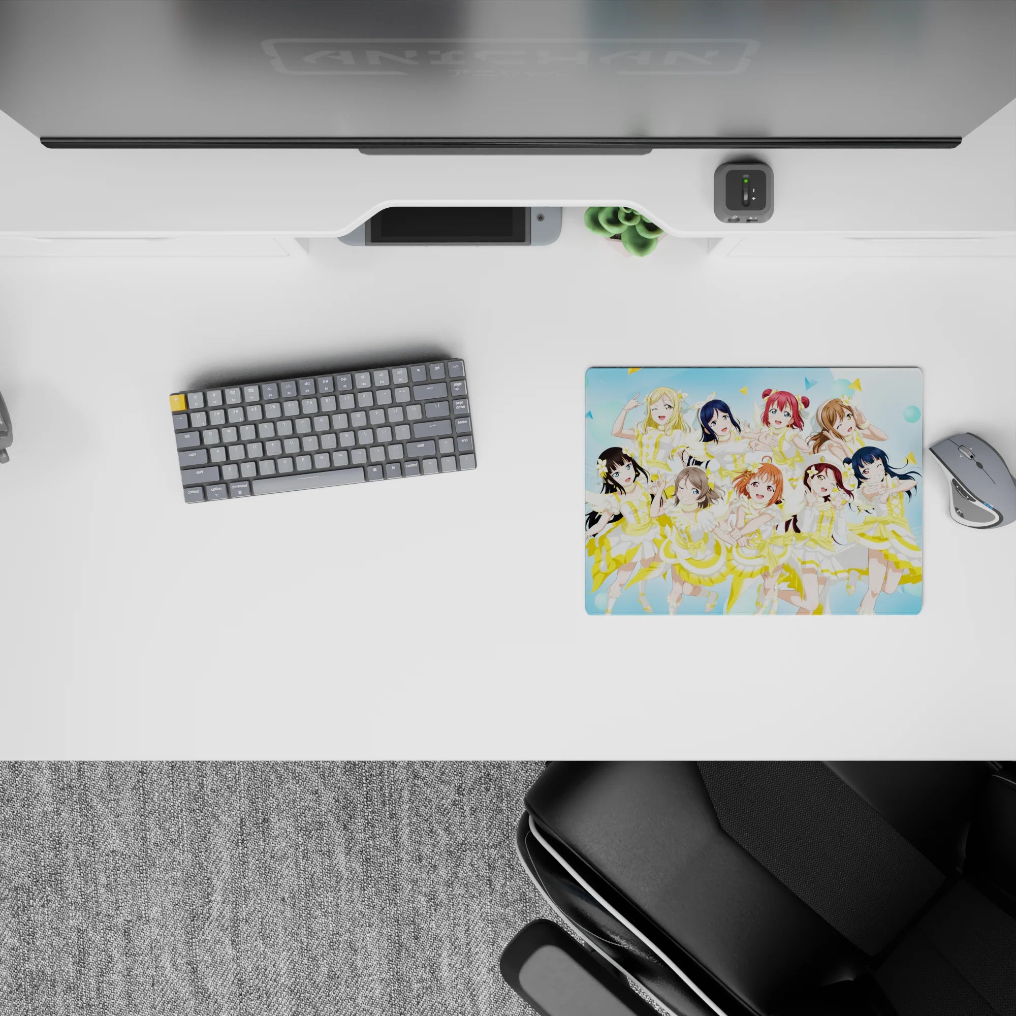 14x10 inches kawaii idol mouse pad in bright lemon and sky-blue, cheerful winks and peace signs.