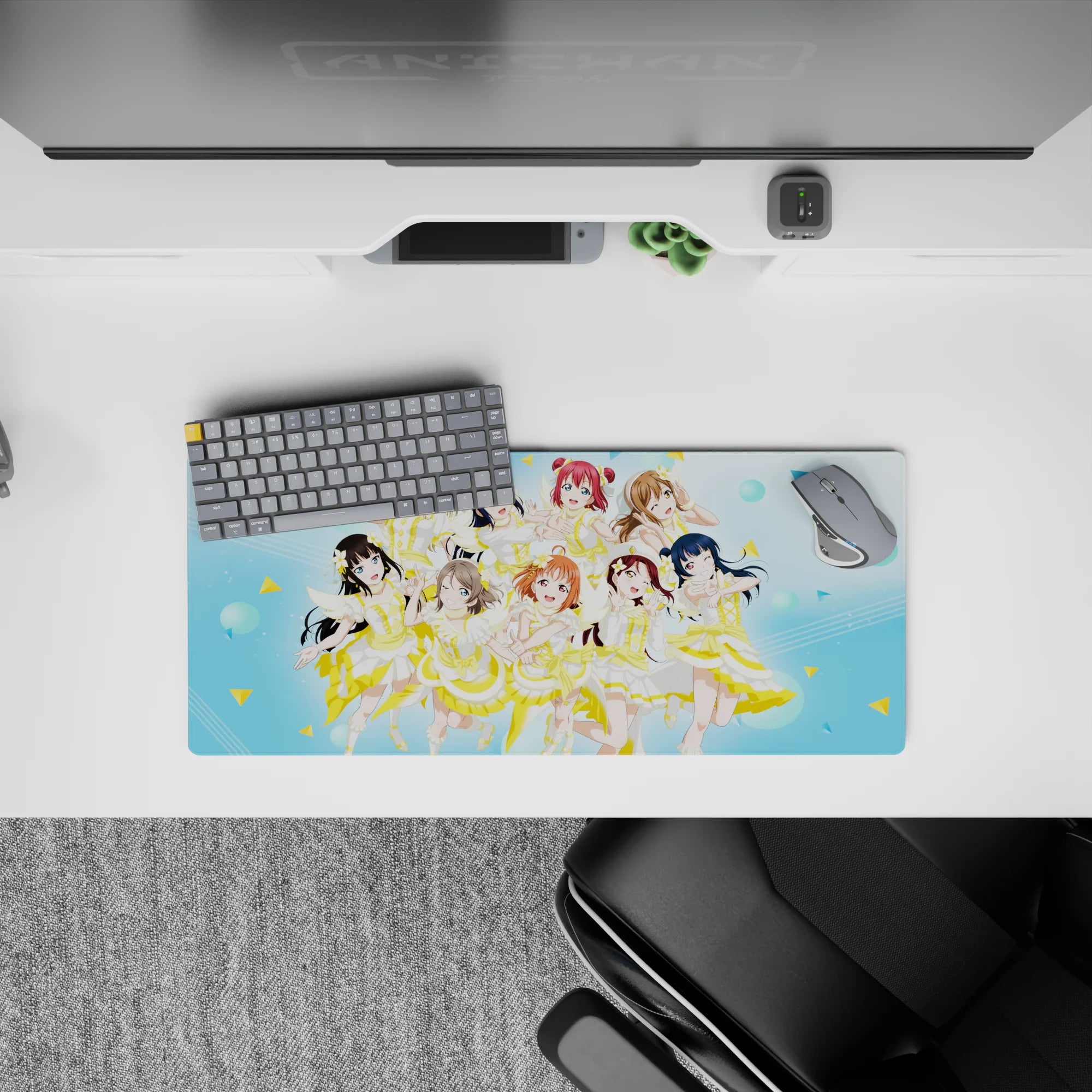 Bright sky-blue anime idol mouse pad 28x12 inches, lemon accents, bubbly cheers, happy desk vibe.