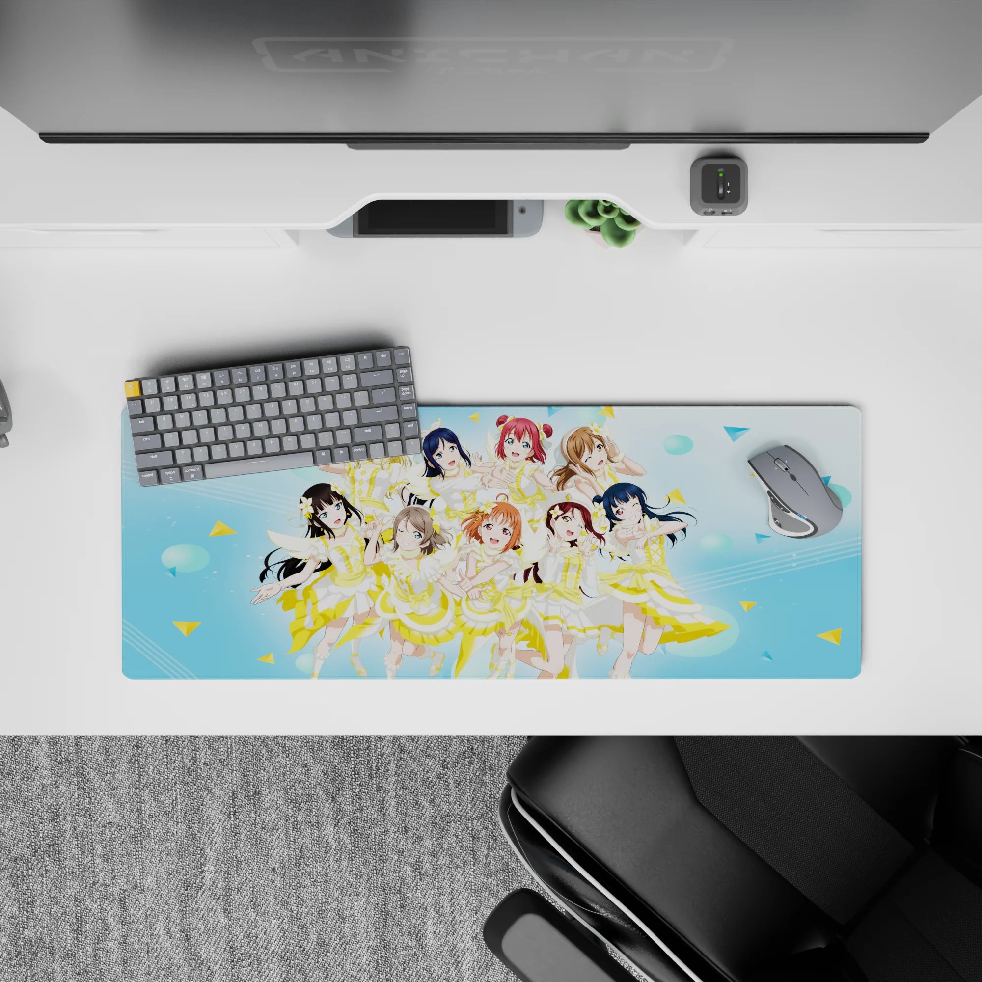 32x12 inches kawaii anime idol mouse pad, bright sky-blue dots and confetti for a cheerful desk vibe.