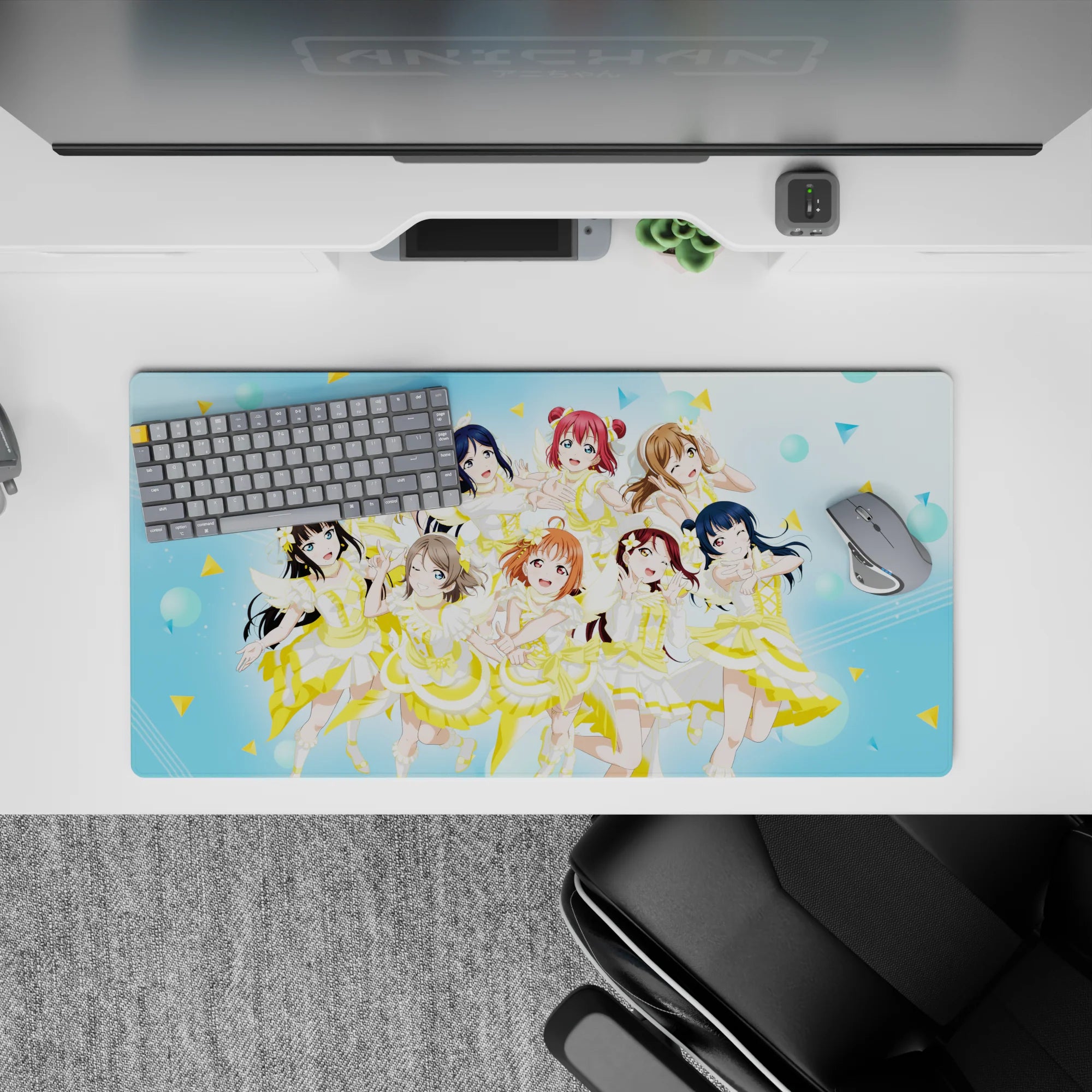 Bright sky-blue anime idol mouse pad 32x16 inches, cheerful lemon accents, winks, peace signs, confetti.