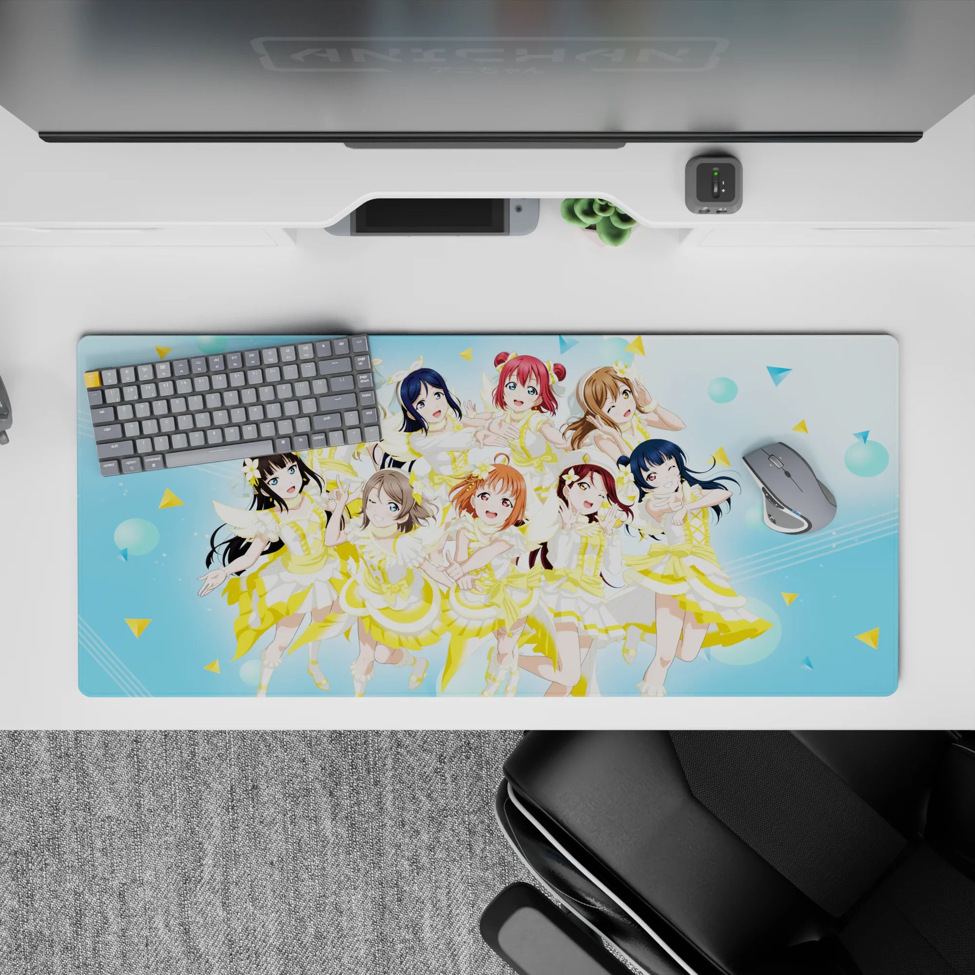 Bright sky-blue 36x16 inches anime desk pad, lemon-white ribbons and bubbly idol vibe for gaming or work.