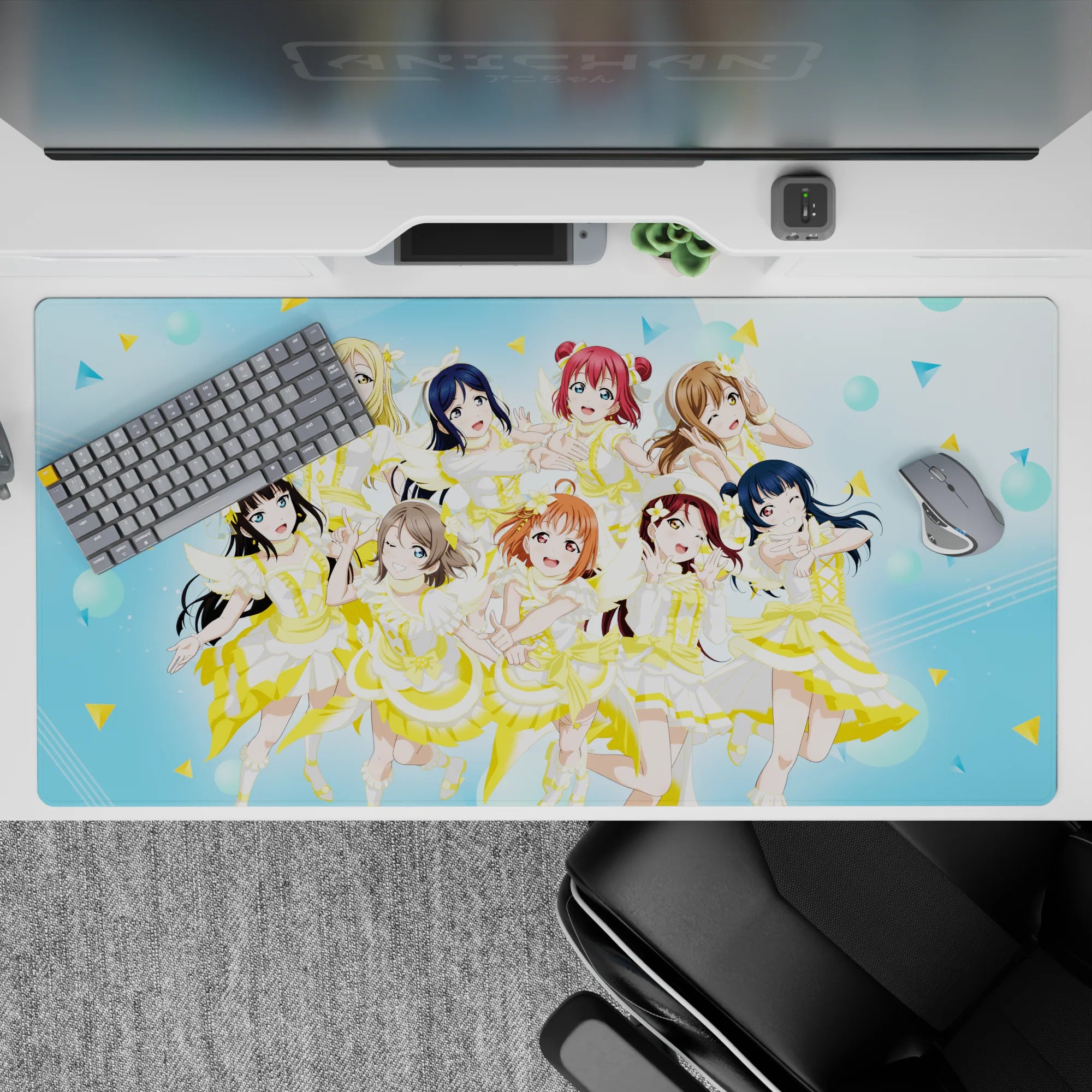 Bright sky-blue anime desk pad 40x20 inches, lemon accents and cheerful idols for sunny gaming vibes.
