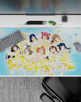Bright sky-blue anime desk pad 40x20 inches, lemon accents and cheerful idols for sunny gaming vibes.