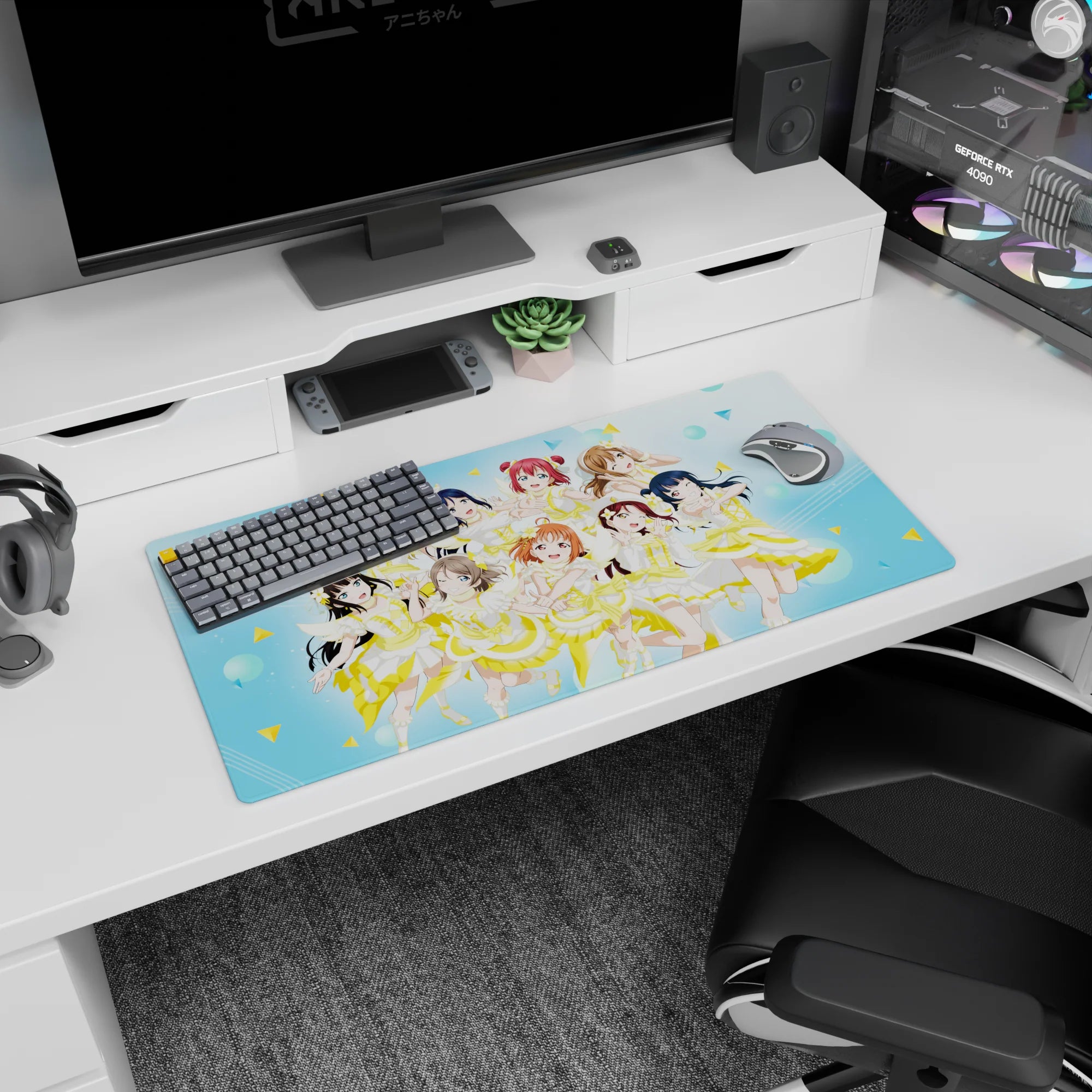 Nine bubbly anime idols mid-encore on mouse pad 32x16 inches, matching ribbons, skirts, flower clips.