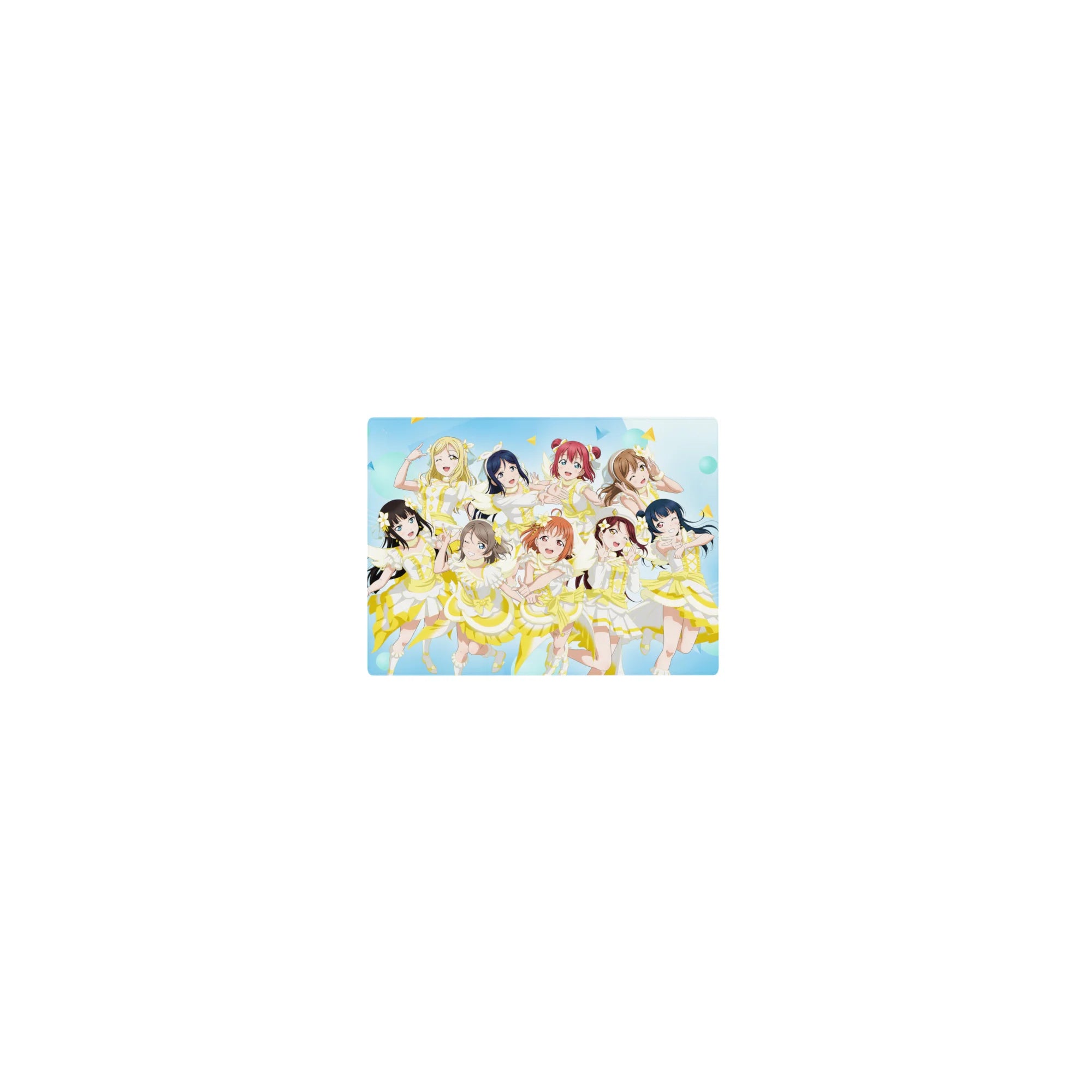 14x10 inches anime girl mouse pad with nine idol girls in lemon-white stage outfits on blue confetti.