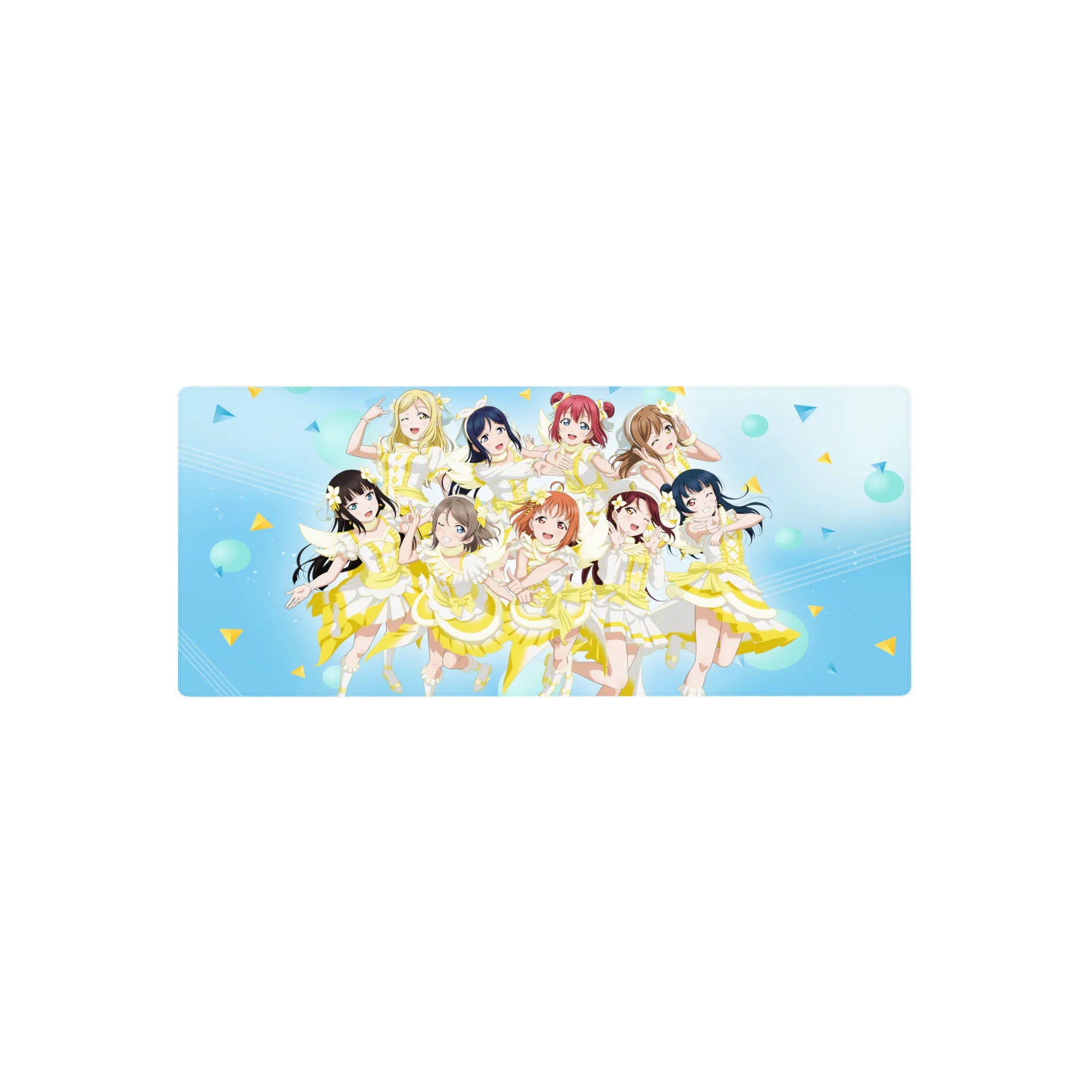 Anime girl mouse pad 28x12 inches with nine idol girls in white-and-lemon stage dresses on blue confetti.