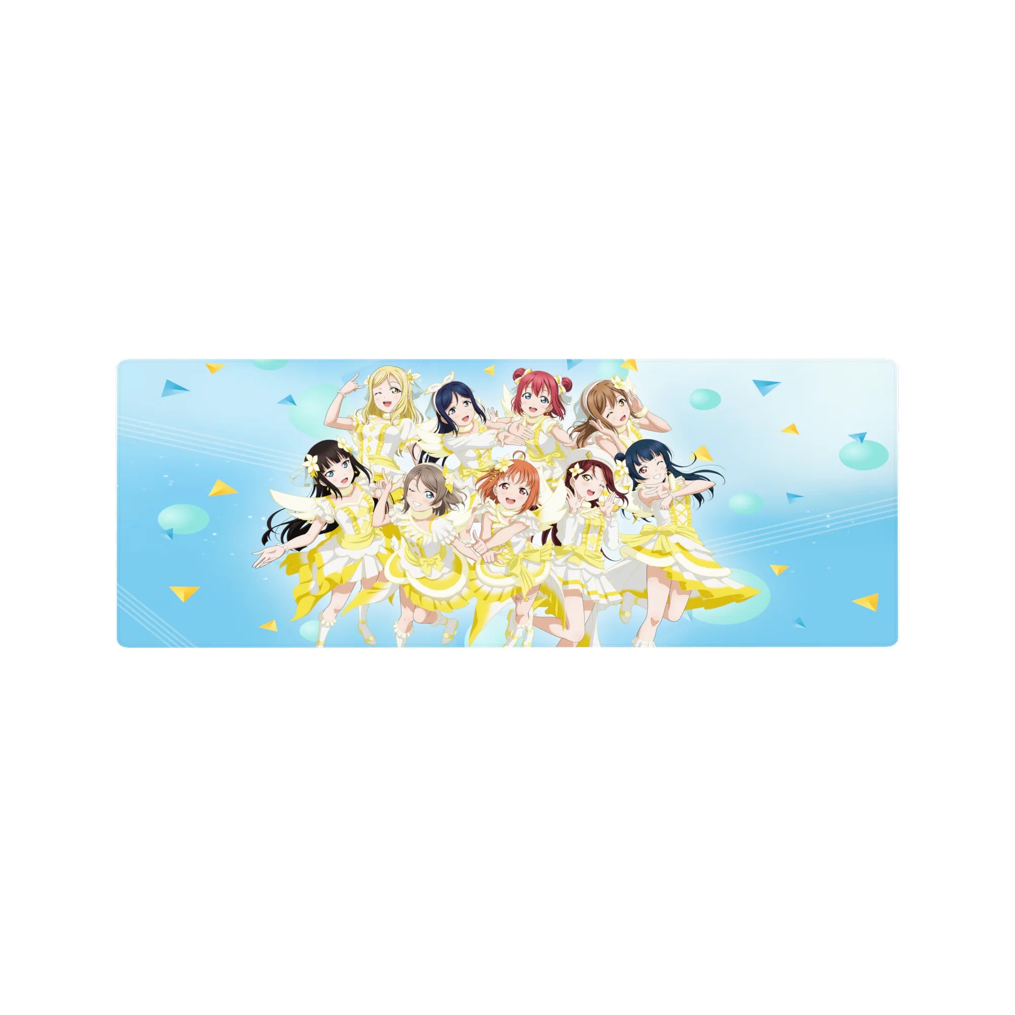 32x12 inches anime girl mouse pad with nine idol girls in white-and-lemon stage outfits on blue confetti.