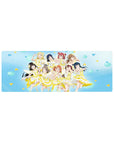 32x12 inches anime girl mouse pad with nine idol girls in white-and-lemon stage outfits on blue confetti.
