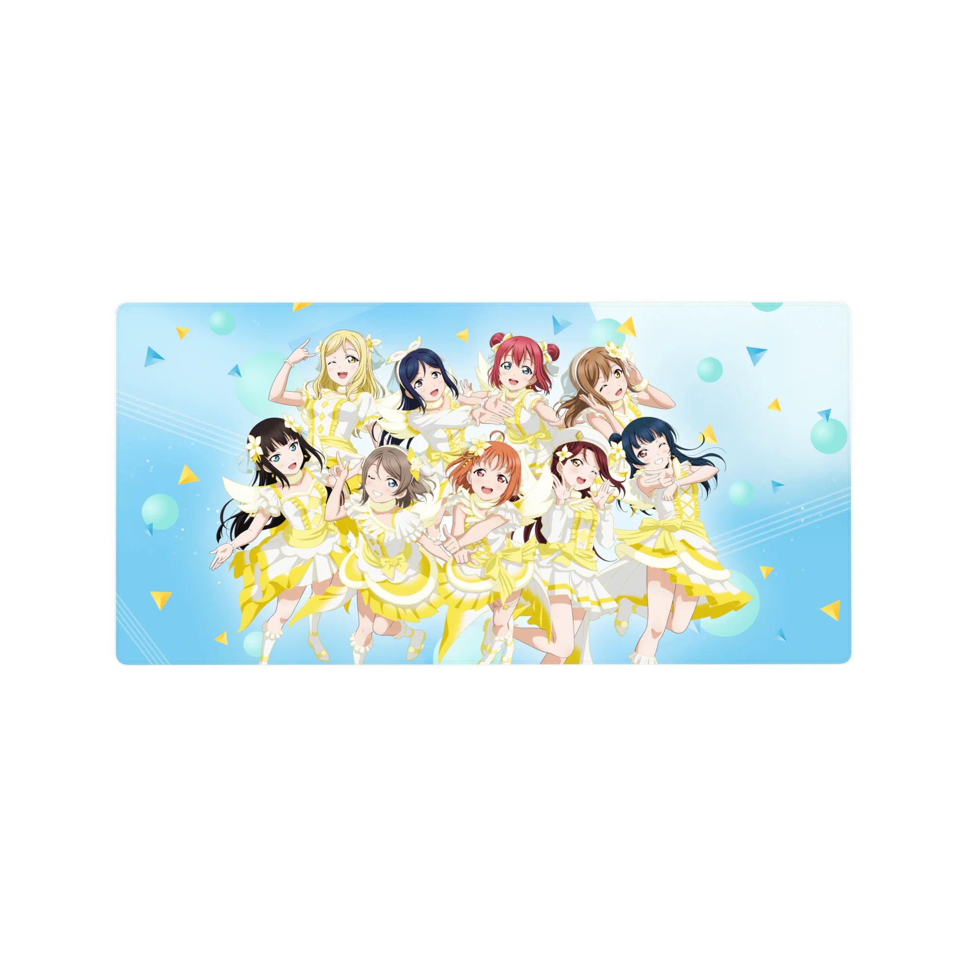 Anime girl mouse pad 32x16 inches with nine idol girls in white-and-lemon stage dresses on blue confetti.