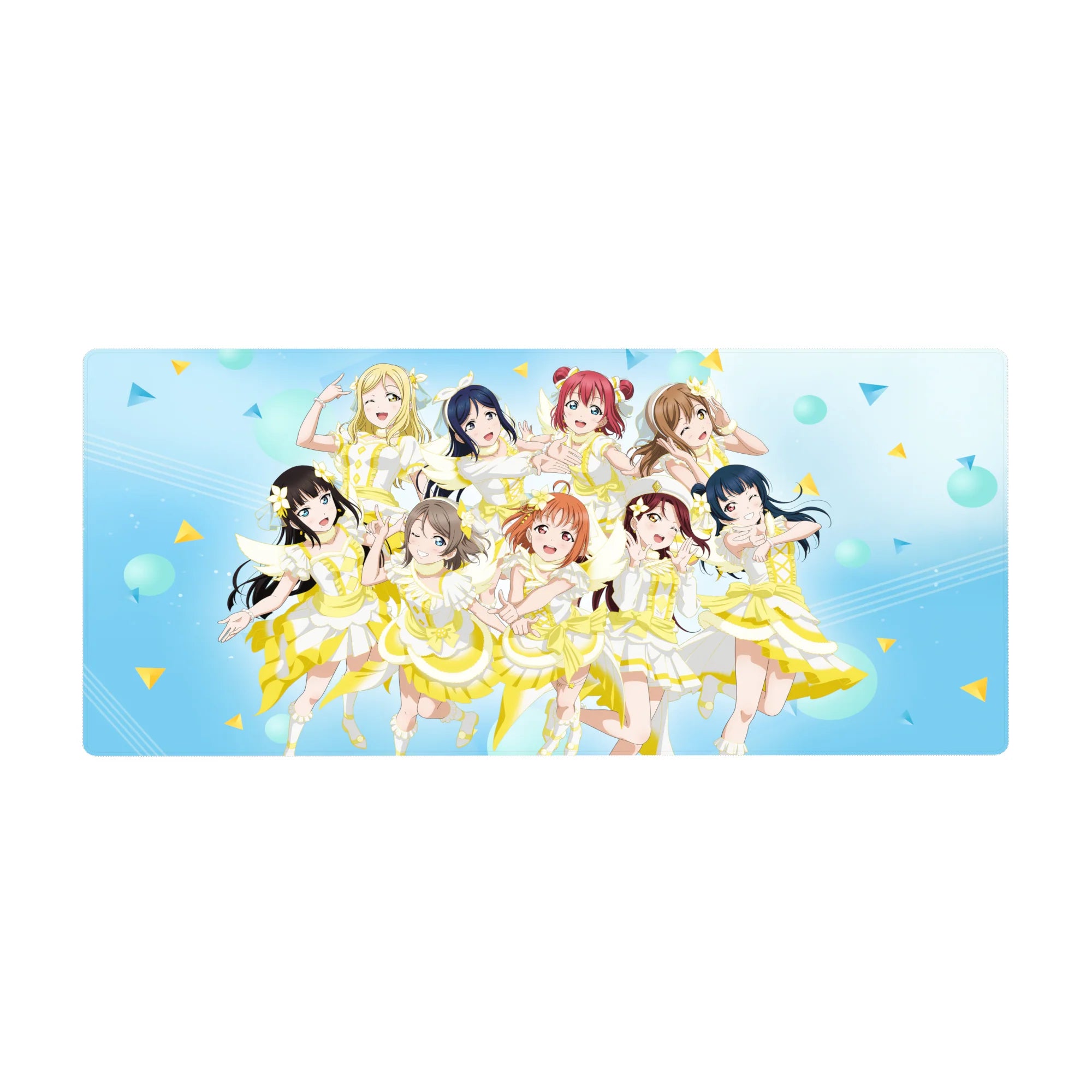 Anime girl desk pad 36x16 inches with nine idol girls in matching lemon-white stage dresses on blue confetti.