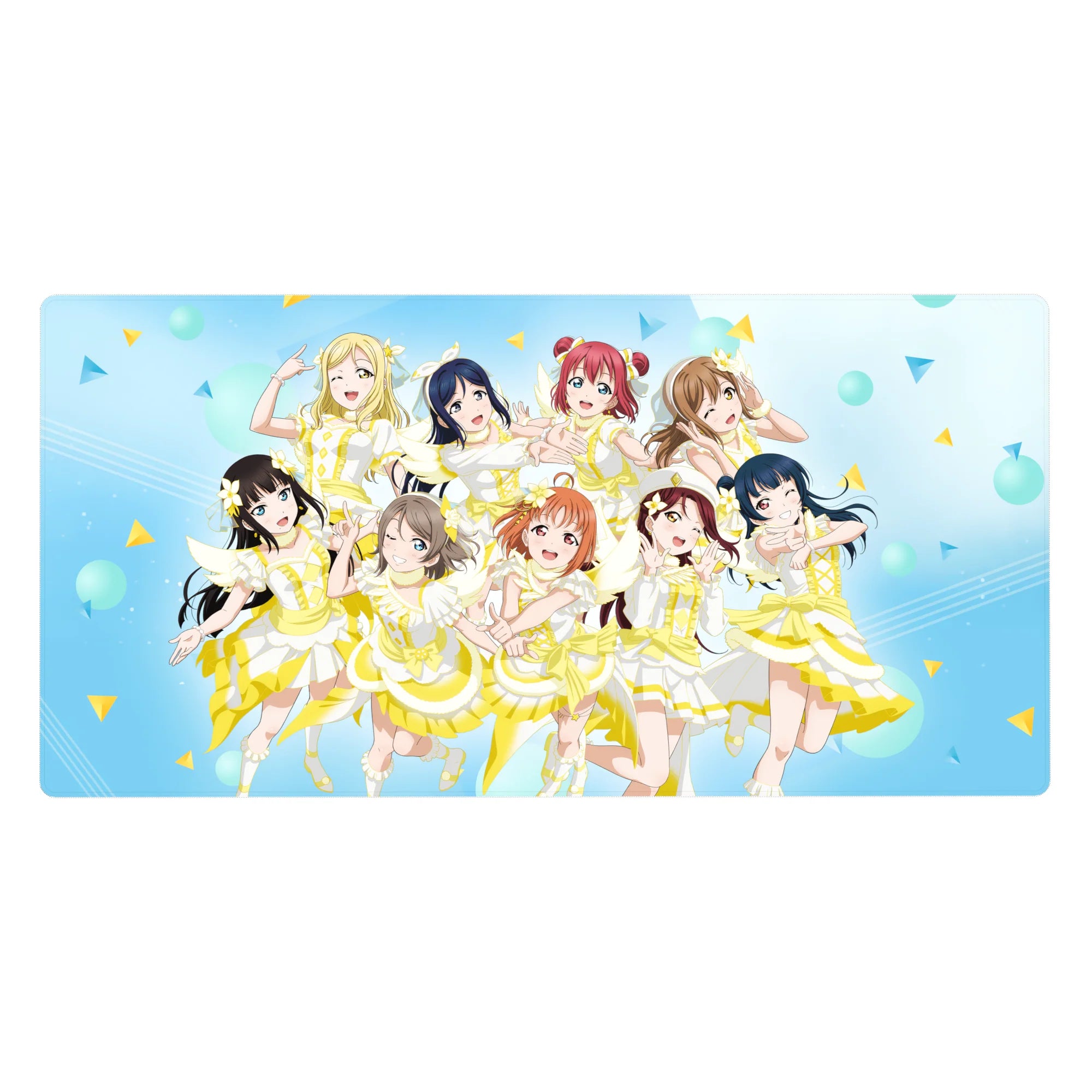 Anime girl desk pad 40x20 inches with nine idol characters in white-lemon stage dresses on blue confetti.