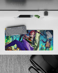 Neon pink, purple, teal Halloween anime mouse pad 28x12 inches with eerie smoke and spooky trees.