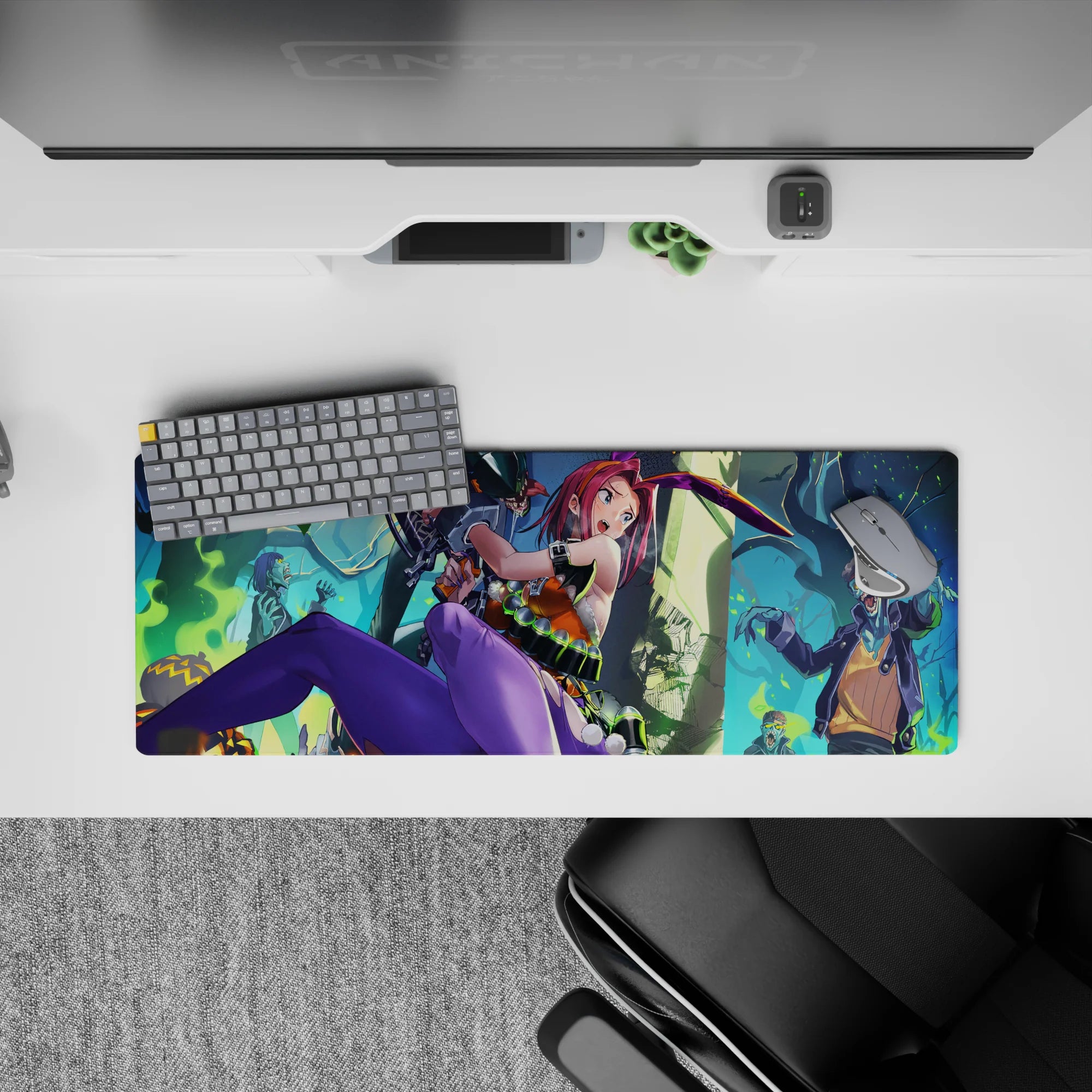 Neon anime desk mat 32x12 inches with hot pink, purple, teal smoke, and glowing green vials.