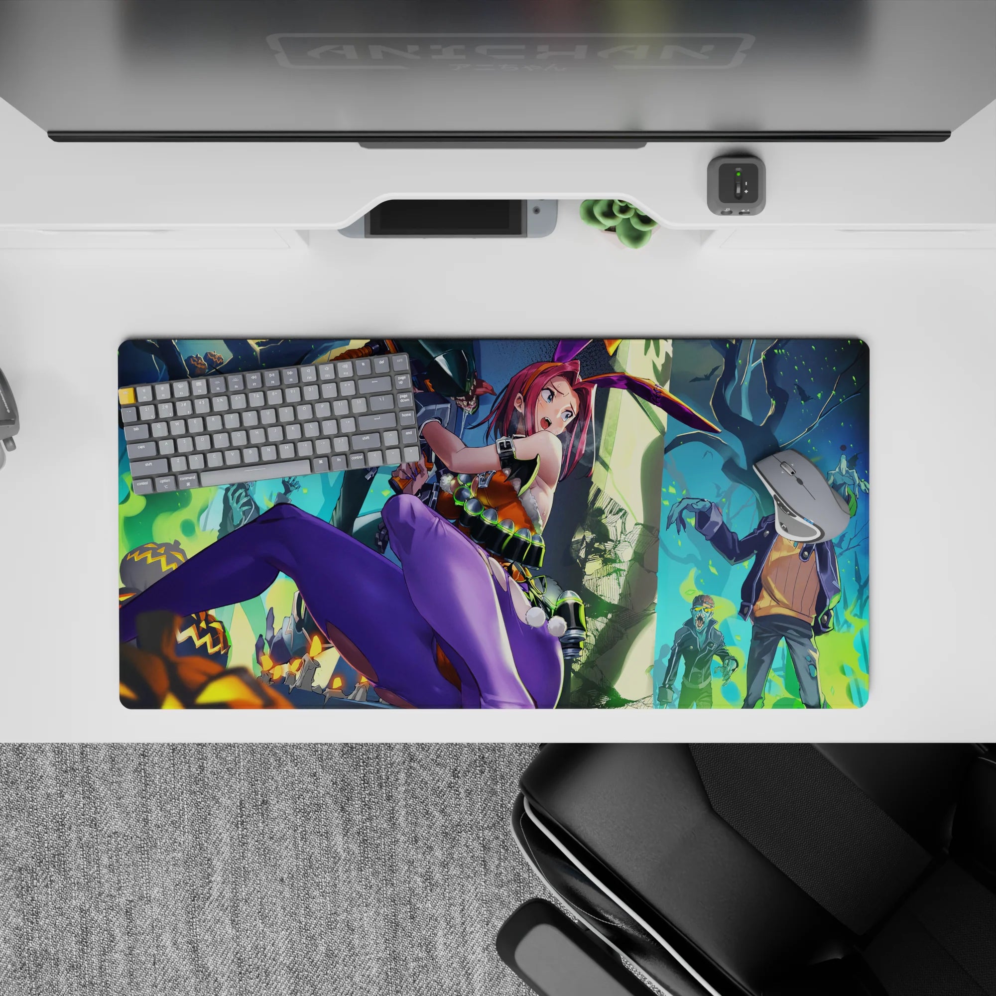 32x16 inches neon pink, purple, and teal anime mouse pad with eerie Halloween chaos and glowing green vials.