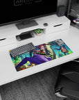 Pink-haired bunny warrior mid-kick with green vials and ribbon ear on anime mouse pad 28x12 inches.