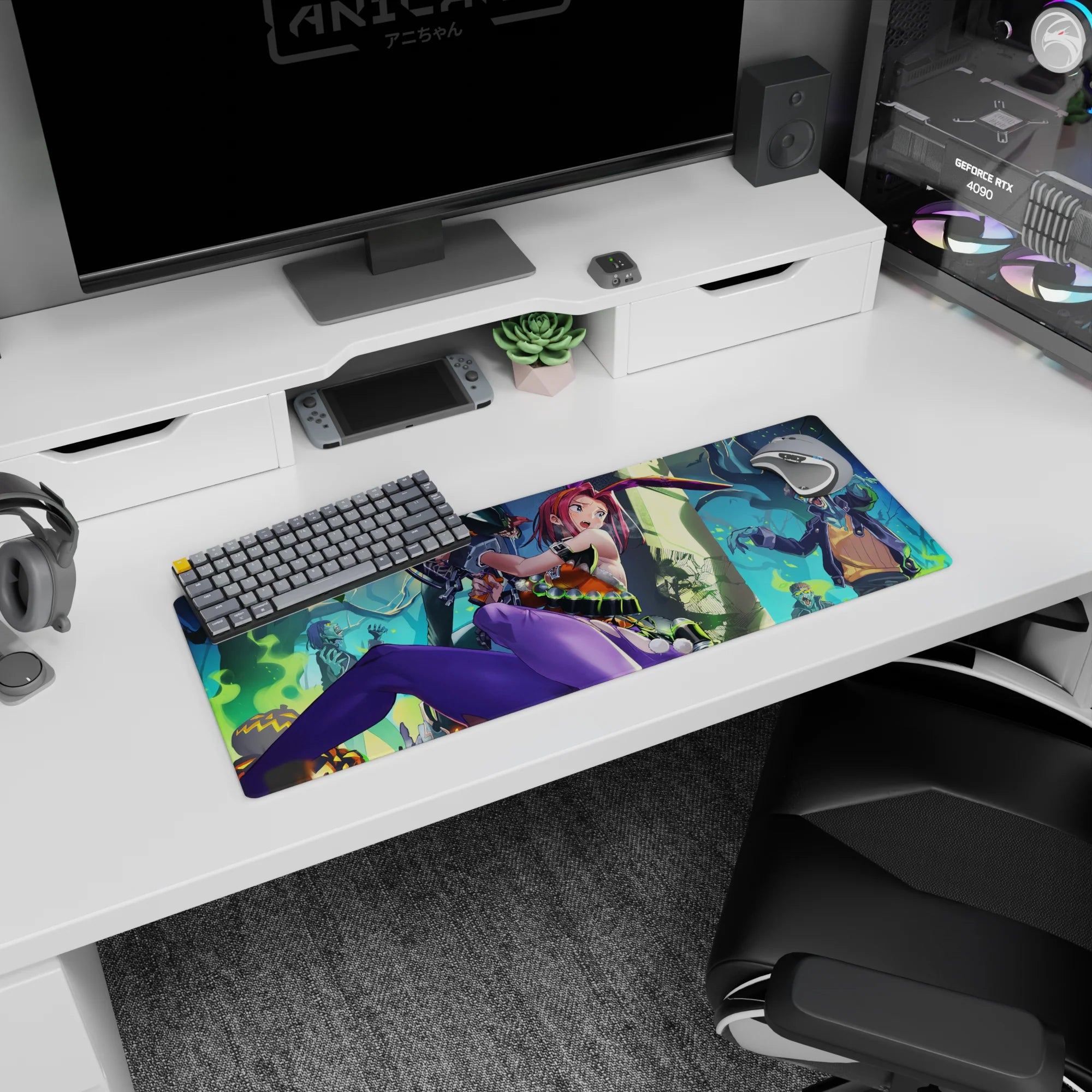 Pink-haired bunny warrior flips mid-action on anime mouse pad 32x12 inches, zombies in spooky woods.