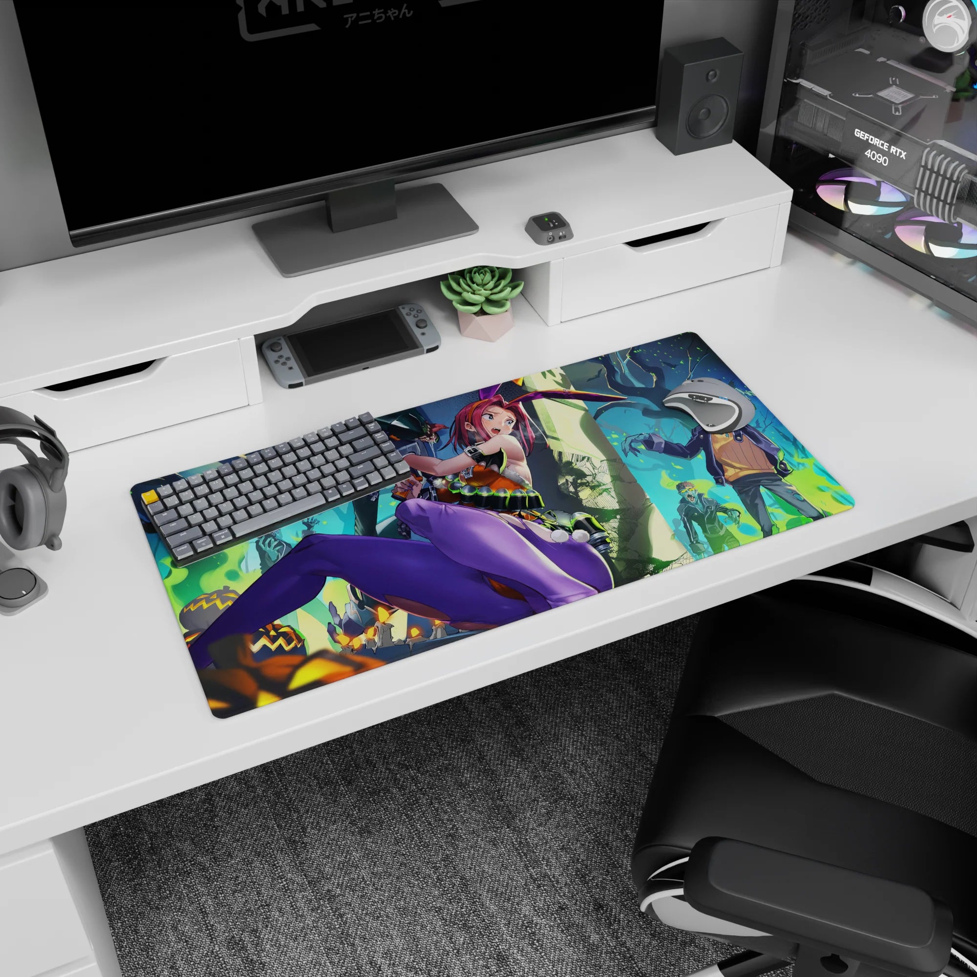 32x16 inches mouse pad showing pink-haired bunny girl mid-kick, ribbon ear blade, zombies in spooky woods.