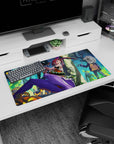 32x16 inches mouse pad showing pink-haired bunny girl mid-kick, ribbon ear blade, zombies in spooky woods.