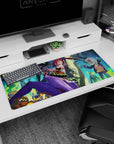 Pink-haired bunny warrior leaps mid-fight on anime desk pad 36x16 inches, ribbon ear blade and green vials.