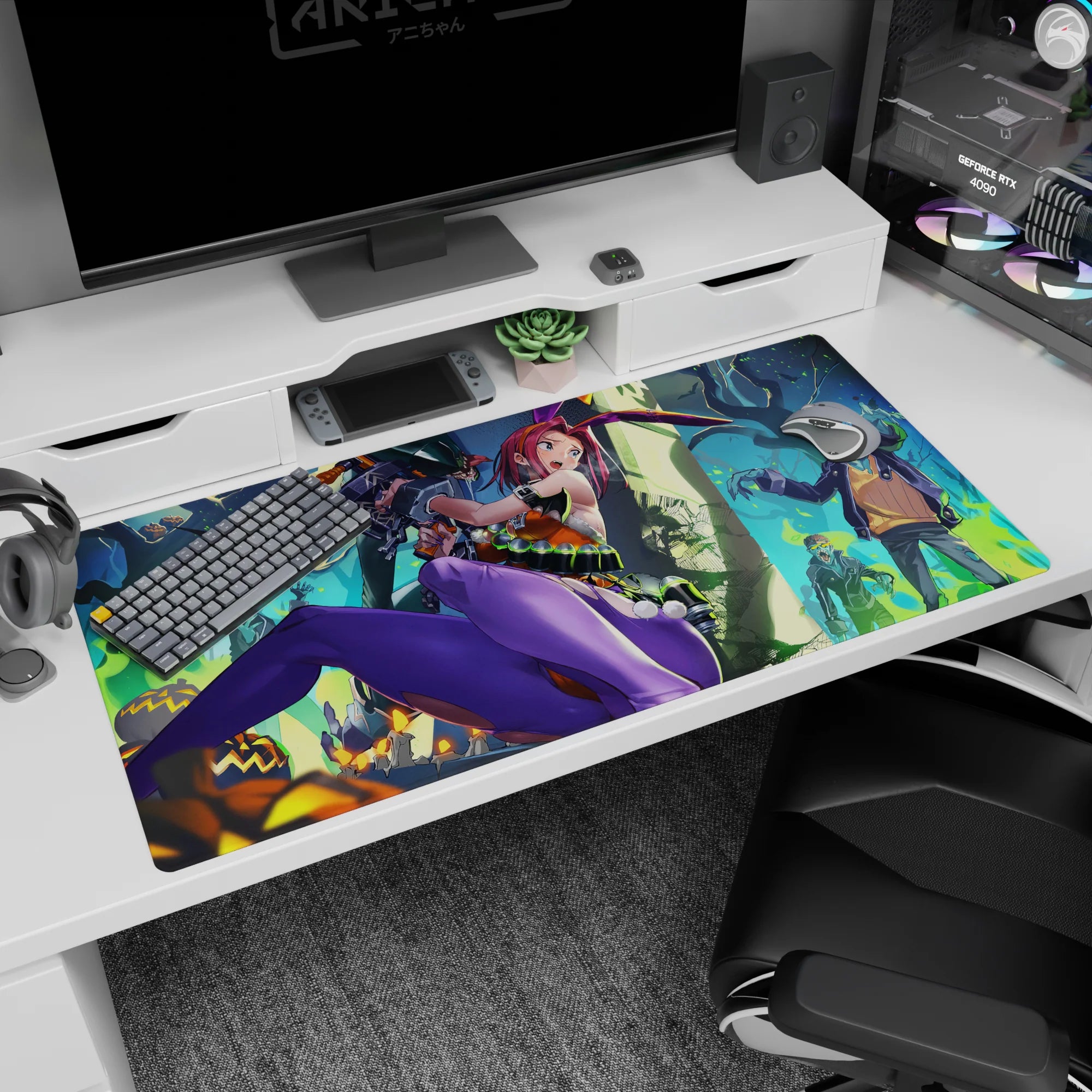 Pink-haired bunny fighter mid-kick desk pad 40x20 inches with green vials, ribbon ear, and zombies behind.
