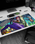 Pink-haired bunny fighter mid-kick desk pad 40x20 inches with green vials, ribbon ear, and zombies behind.