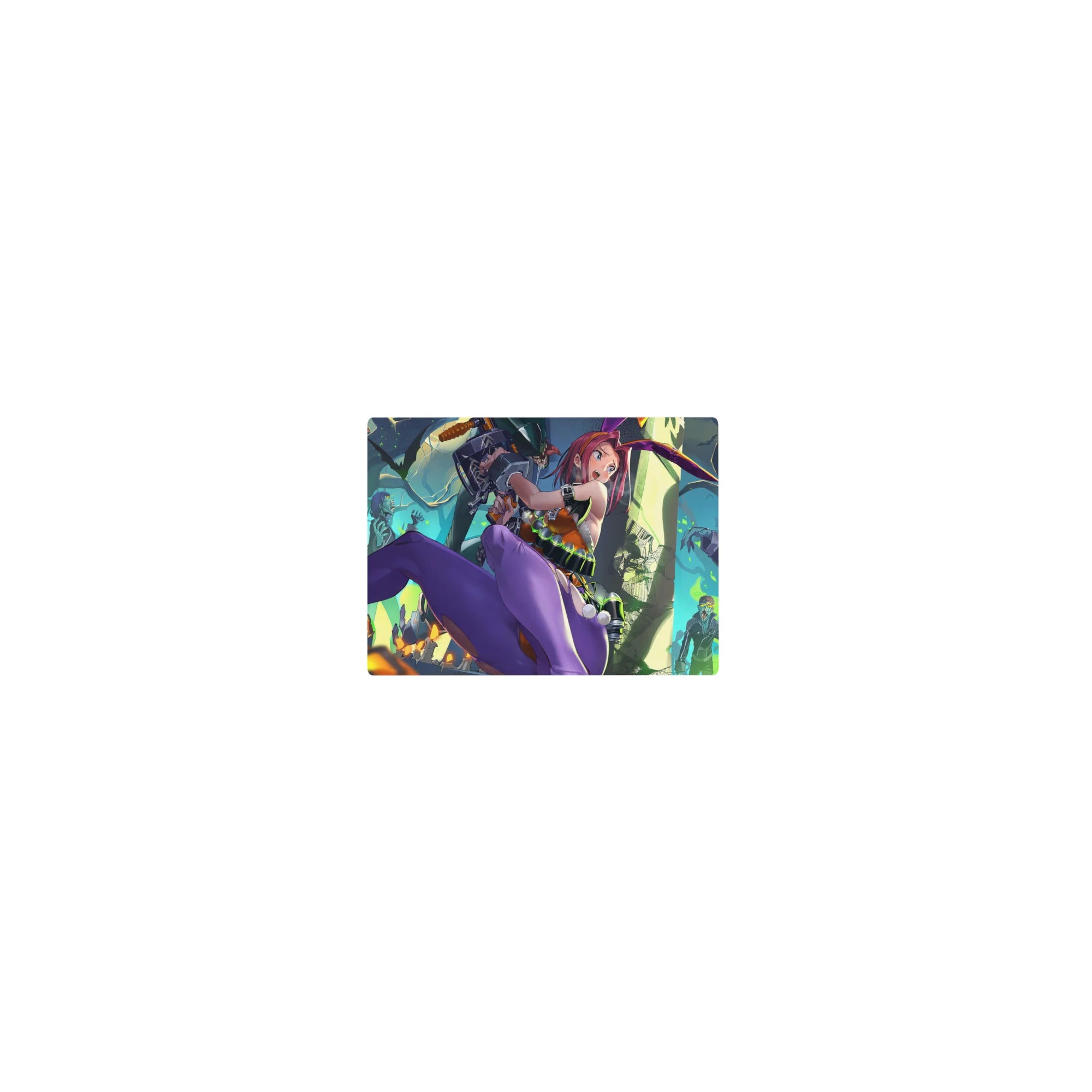 Classic anime girl mouse pad 14x10 inches with pink-haired bunny fighter, zombies, and Halloween forest backdrop.