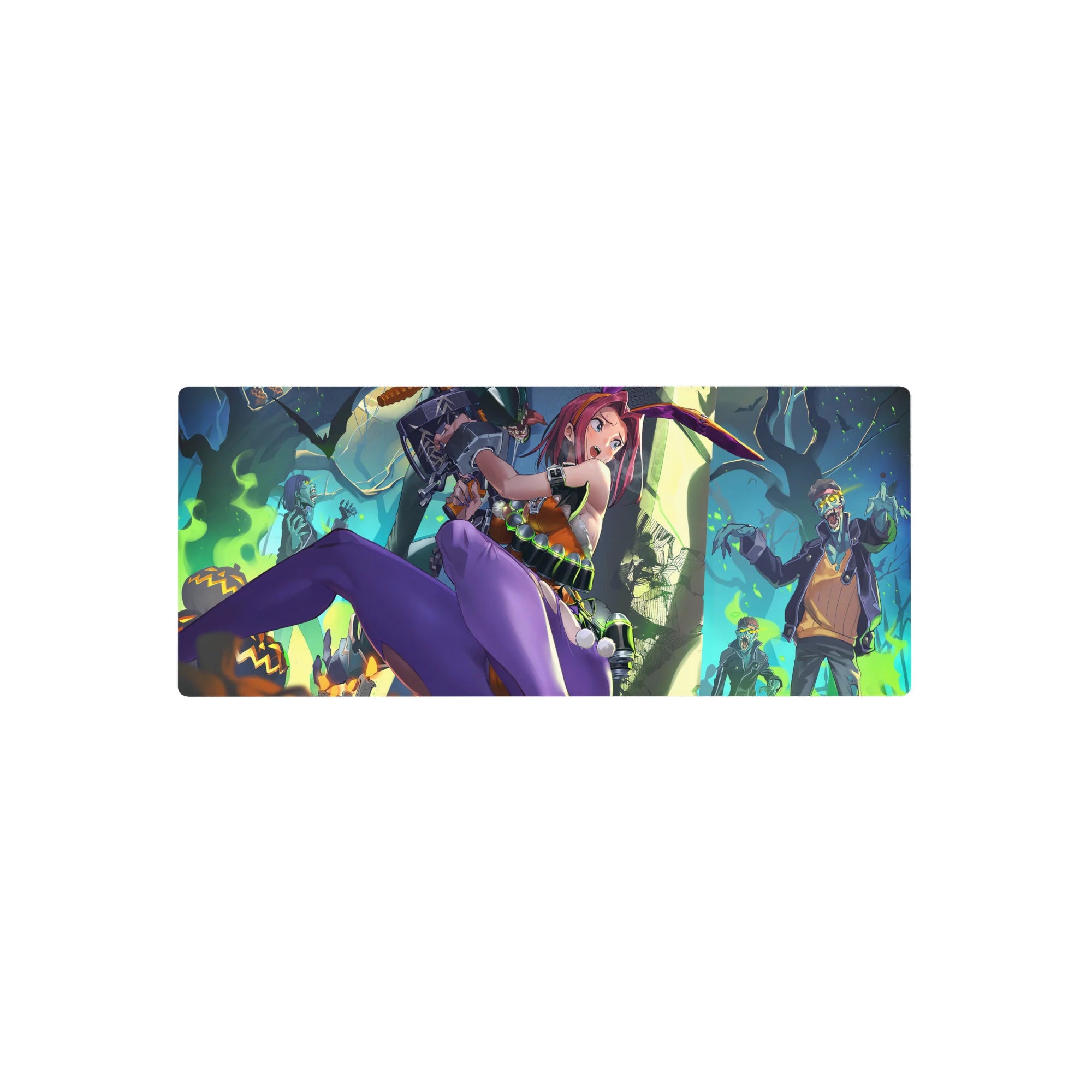 Anime girl mouse pad 28x12 inches with pink-haired bunny fighter and Halloween zombies in neon style.