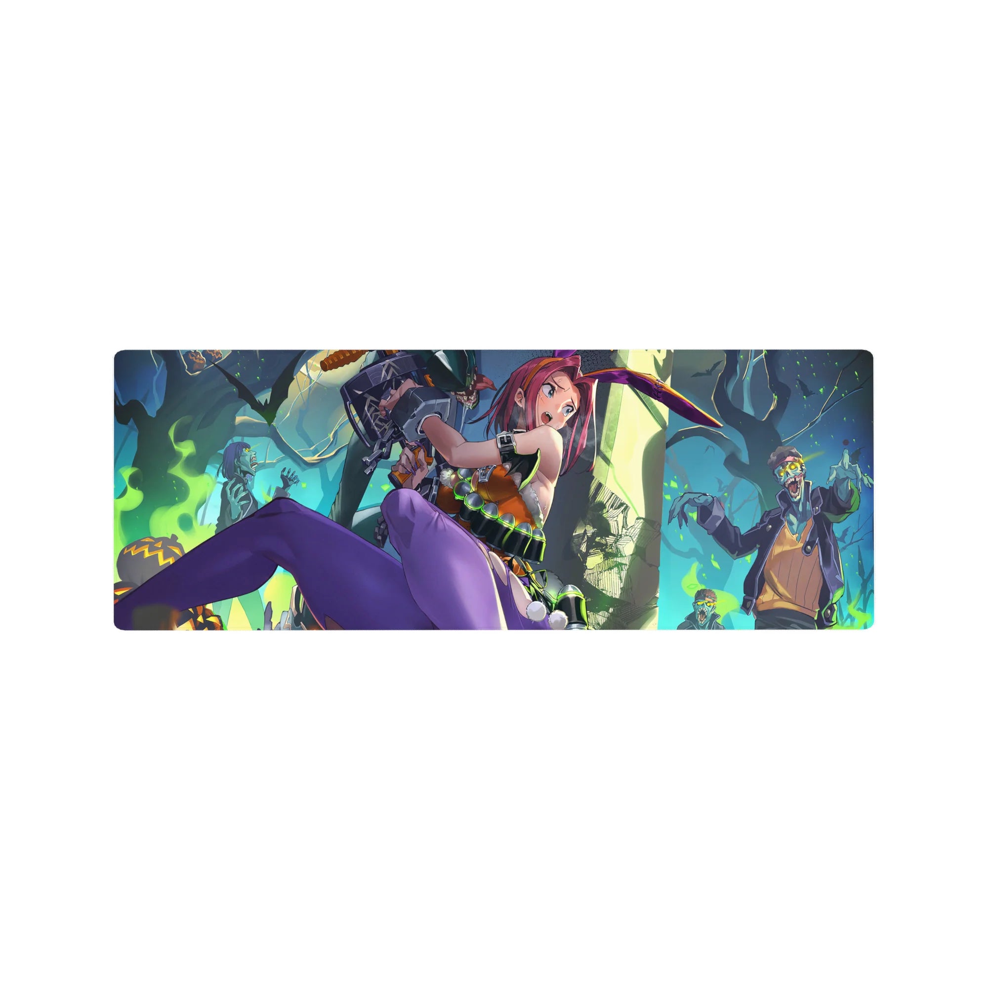 Anime girl mouse pad 32x12 inches featuring pink-haired bunny fighter and Halloween zombies backdrop.