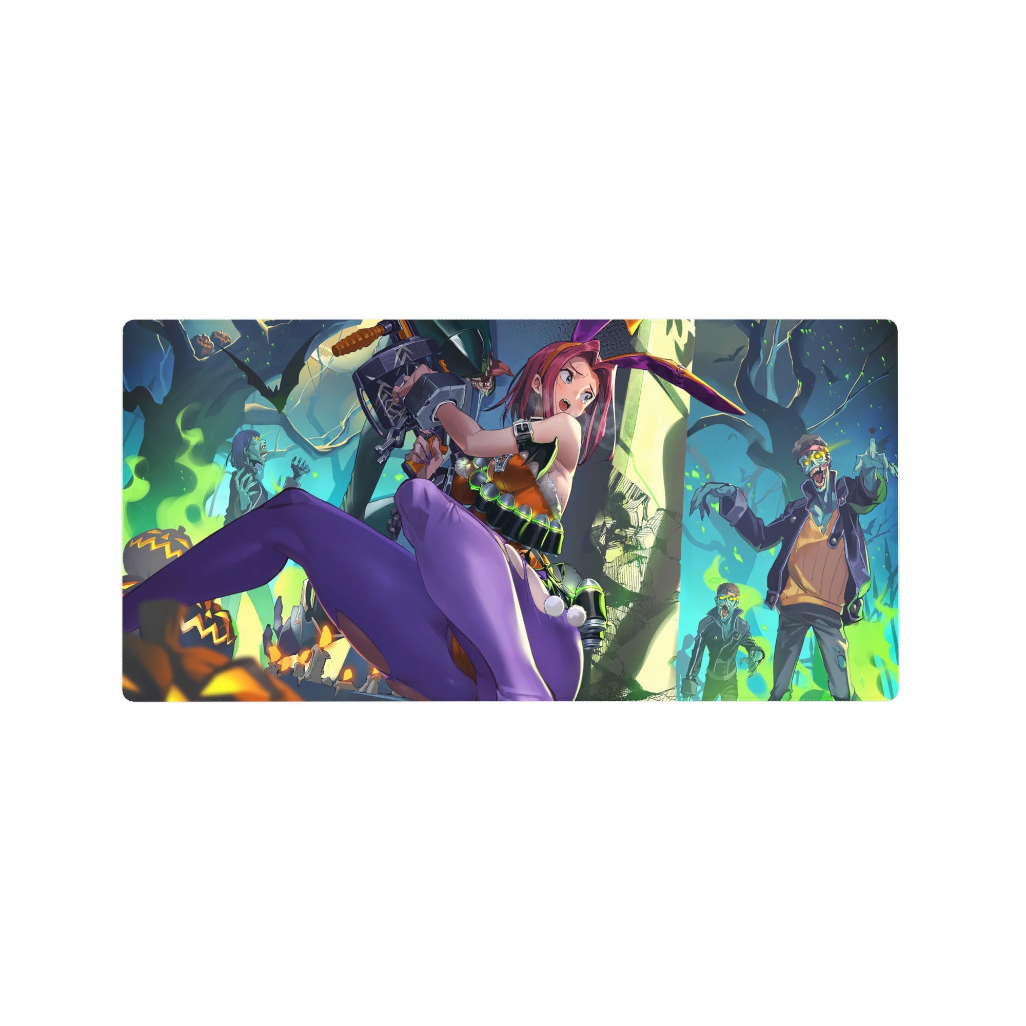 32x16 inches anime girl mouse pad with bunny fighter, neon Halloween backdrop, zombies and teal smoke.