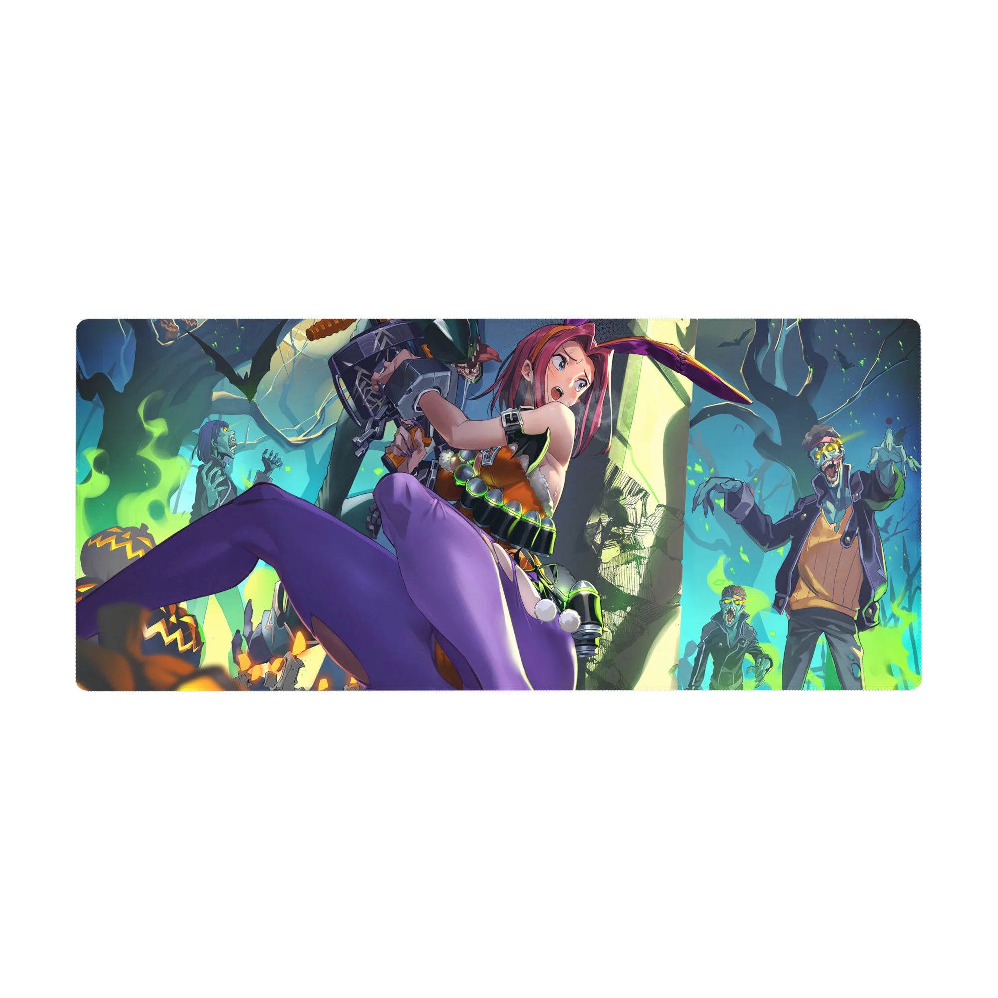 Anime girl desk pad 36x16 inches with pink-haired bunny fighter, zombies, teal smoke, and crisp neon art.