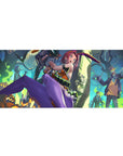 Anime girl desk pad 36x16 inches with pink-haired bunny fighter, zombies, teal smoke, and crisp neon art.