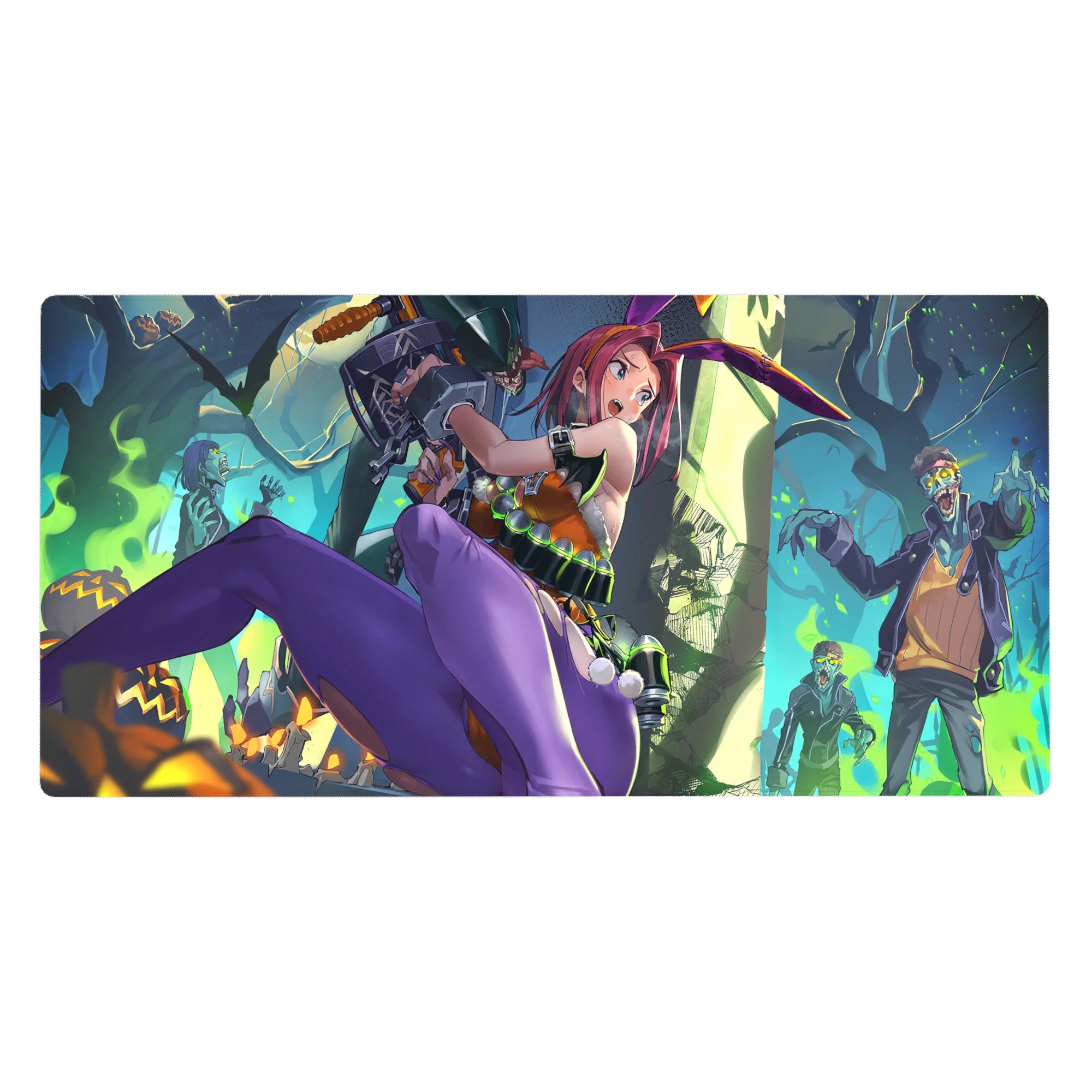Anime girl desk pad 40x20 inches with pink-haired bunny fighter, zombies, teal smoke, and neon action art.