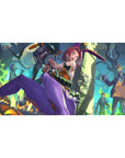 Anime girl desk pad 40x20 inches with pink-haired bunny fighter, zombies, teal smoke, and neon action art.
