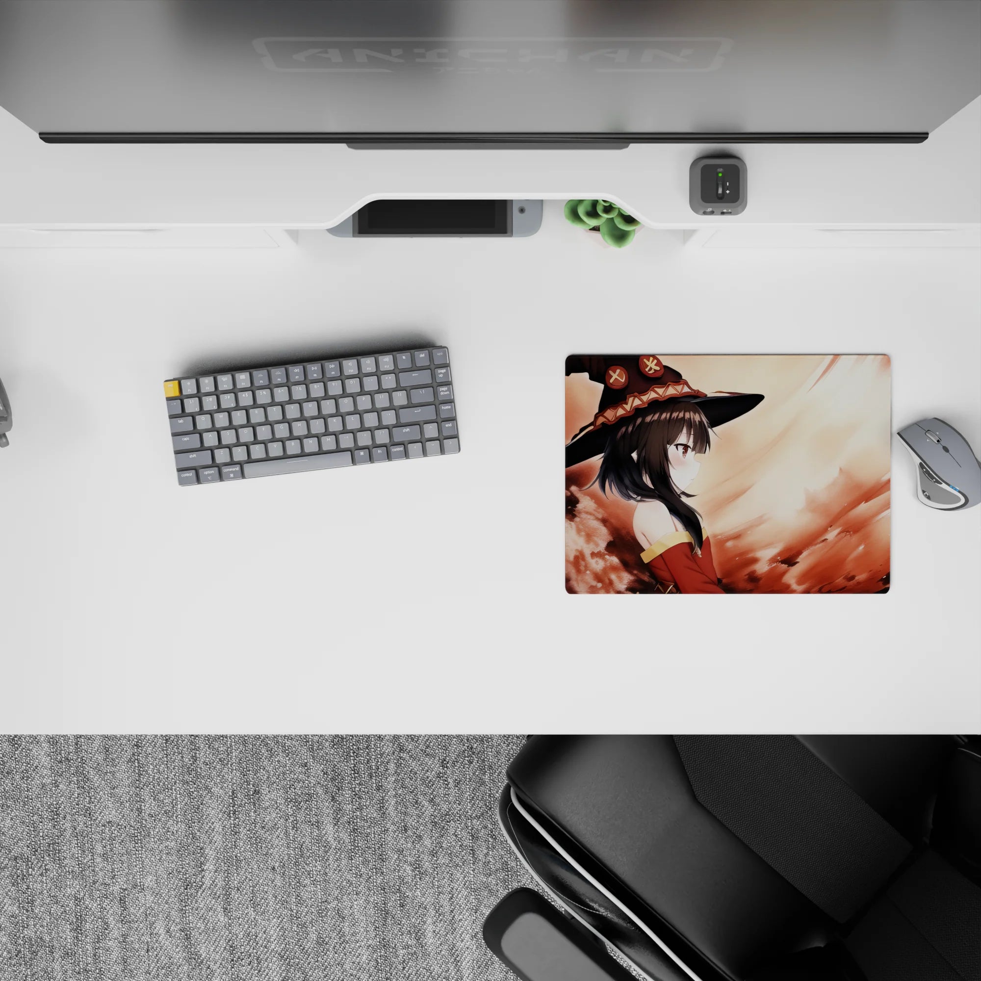 Megumin from Konosuba on 14x10 inch anime mouse pad, crimson cloak with firelight swirls, capturing a serene yet explosive moment.