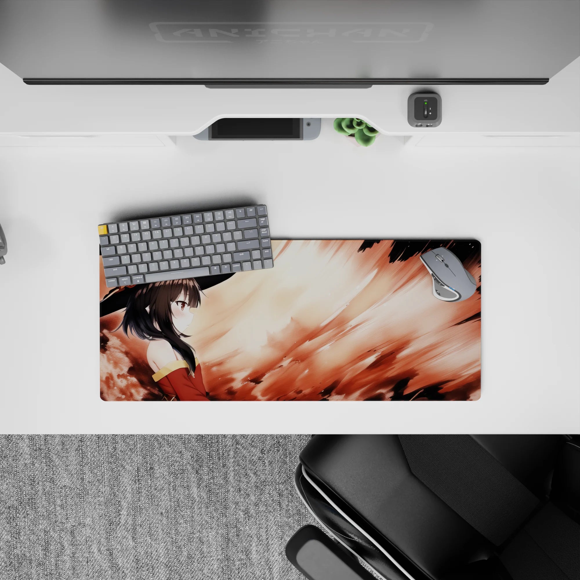 Megumin from Konosuba on 28x12 inch mouse pad, her crimson cloak blends into fiery hues, capturing a serene yet explosive aura.