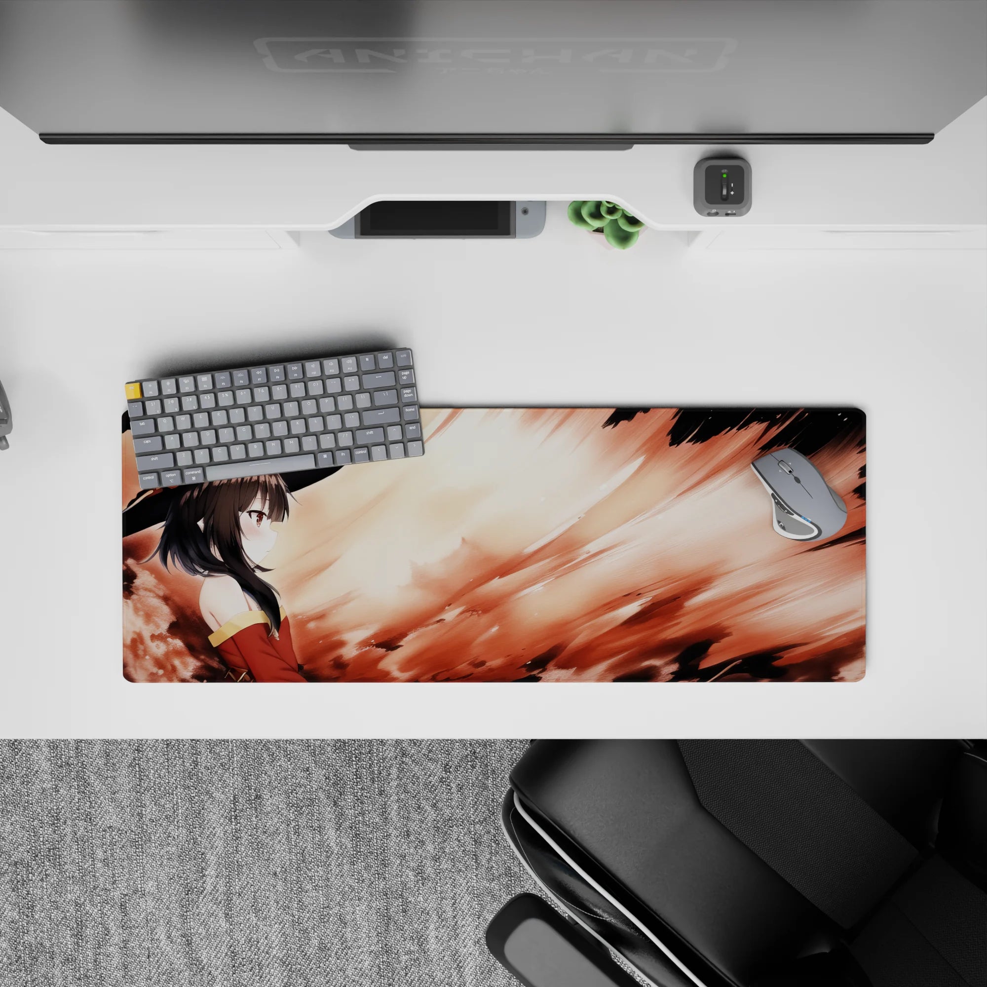 Megumin from Konosuba gazes intently, her cloak blending with flames on a 32x12 inch anime mouse pad, capturing quiet power.