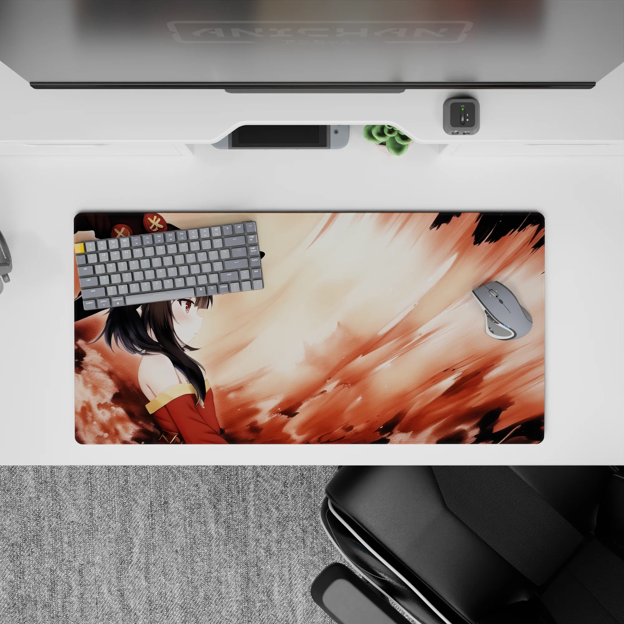 Megumin from Konosuba on a 32x16 inch anime mouse pad, her crimson cloak blending with fiery strokes, capturing a serene yet explosive moment.