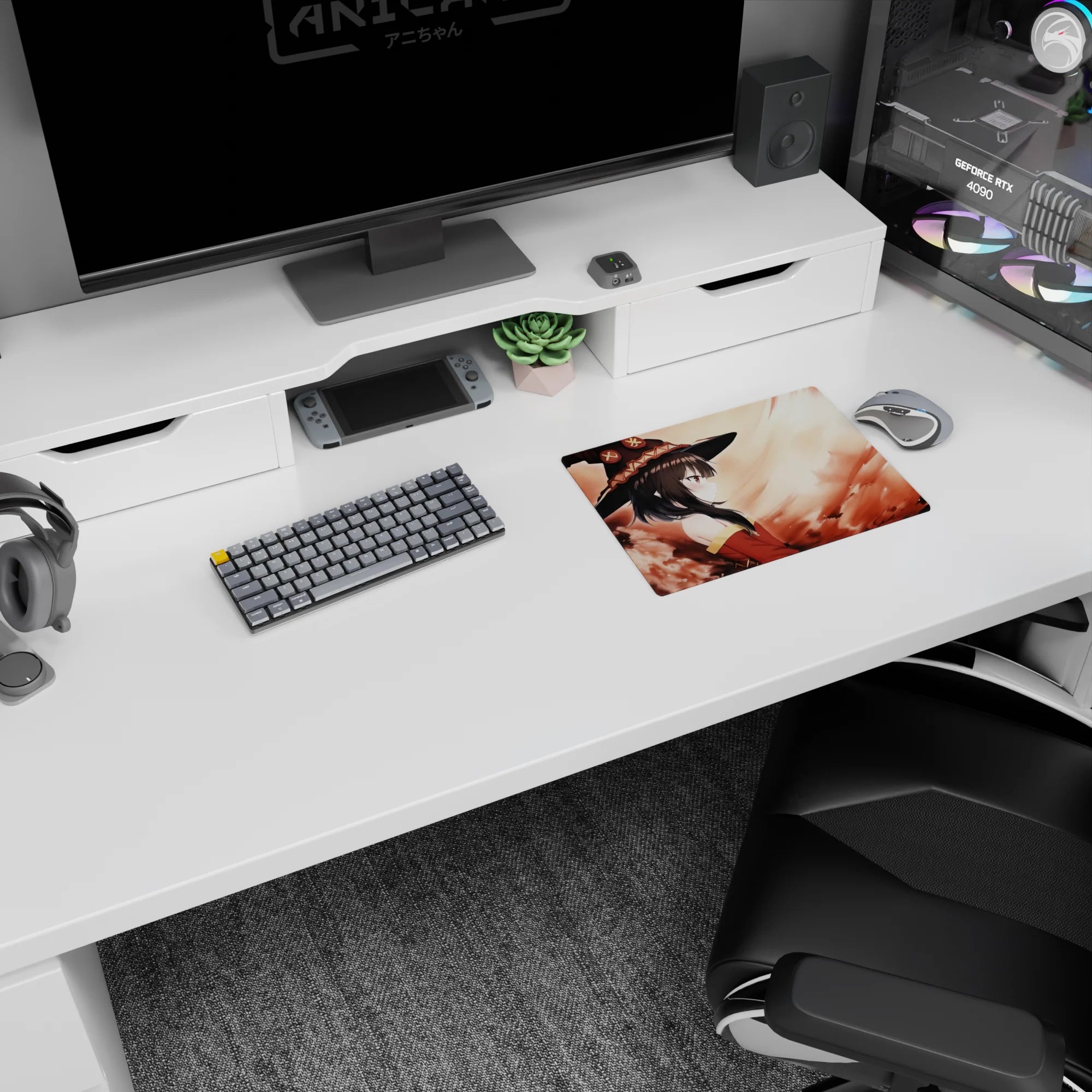 Megumin from Konosuba on a 14x10 inch anime mouse pad, showcasing her resolve with a fiery, hand-painted background.