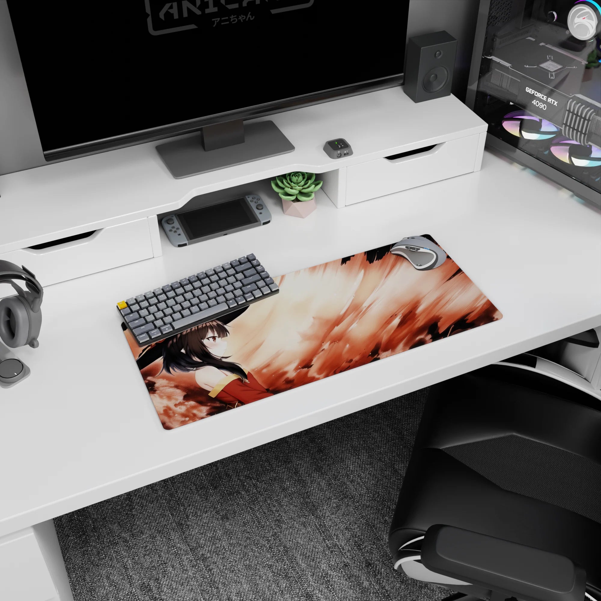 Megumin from Konosuba on a 28x12 inch mouse pad, captured in a serene yet fiery hand-painted design.