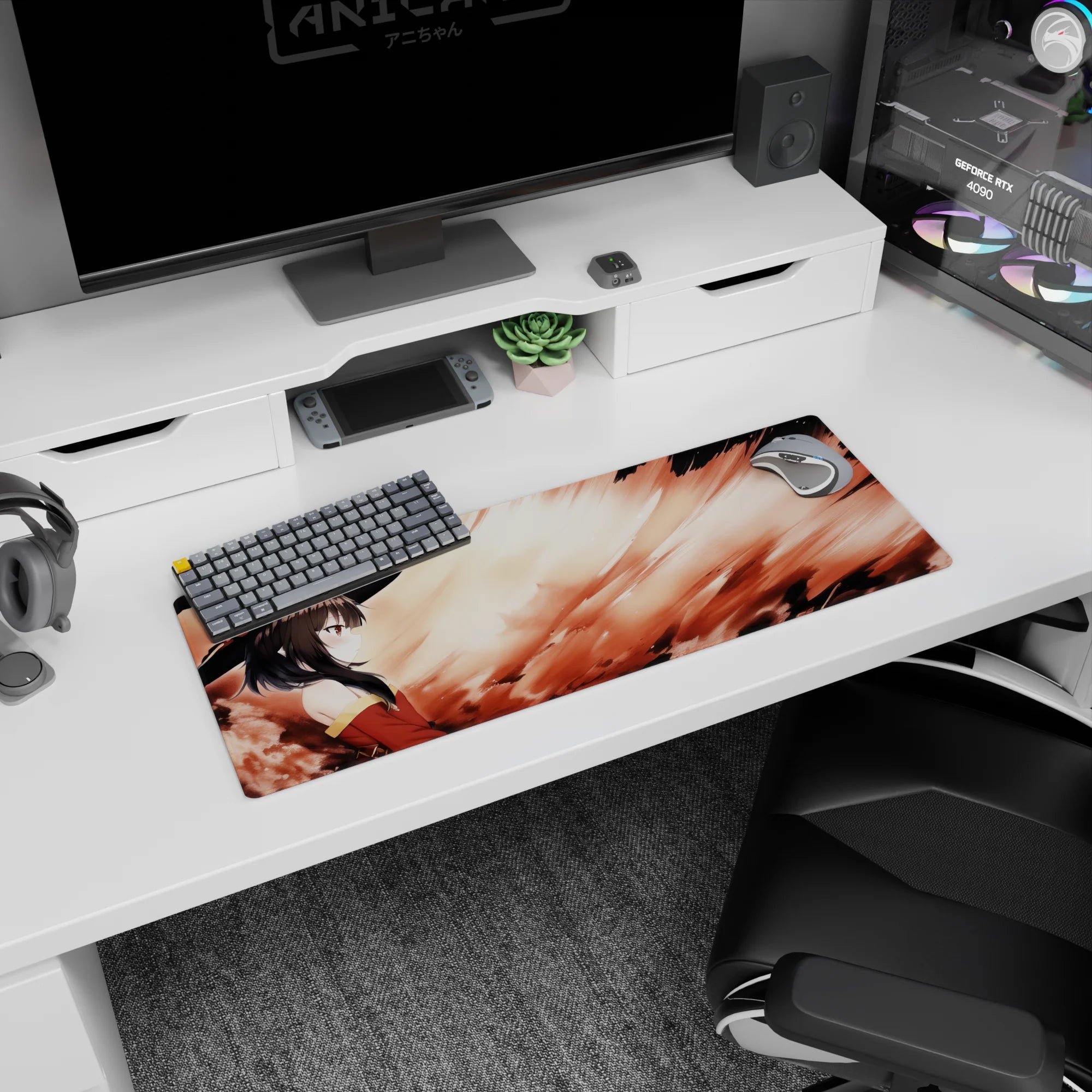 Megumin from Konosuba on a 32x12 inches mouse pad, her crimson cloak blending with fiery swirls, capturing a serene yet explosive moment.