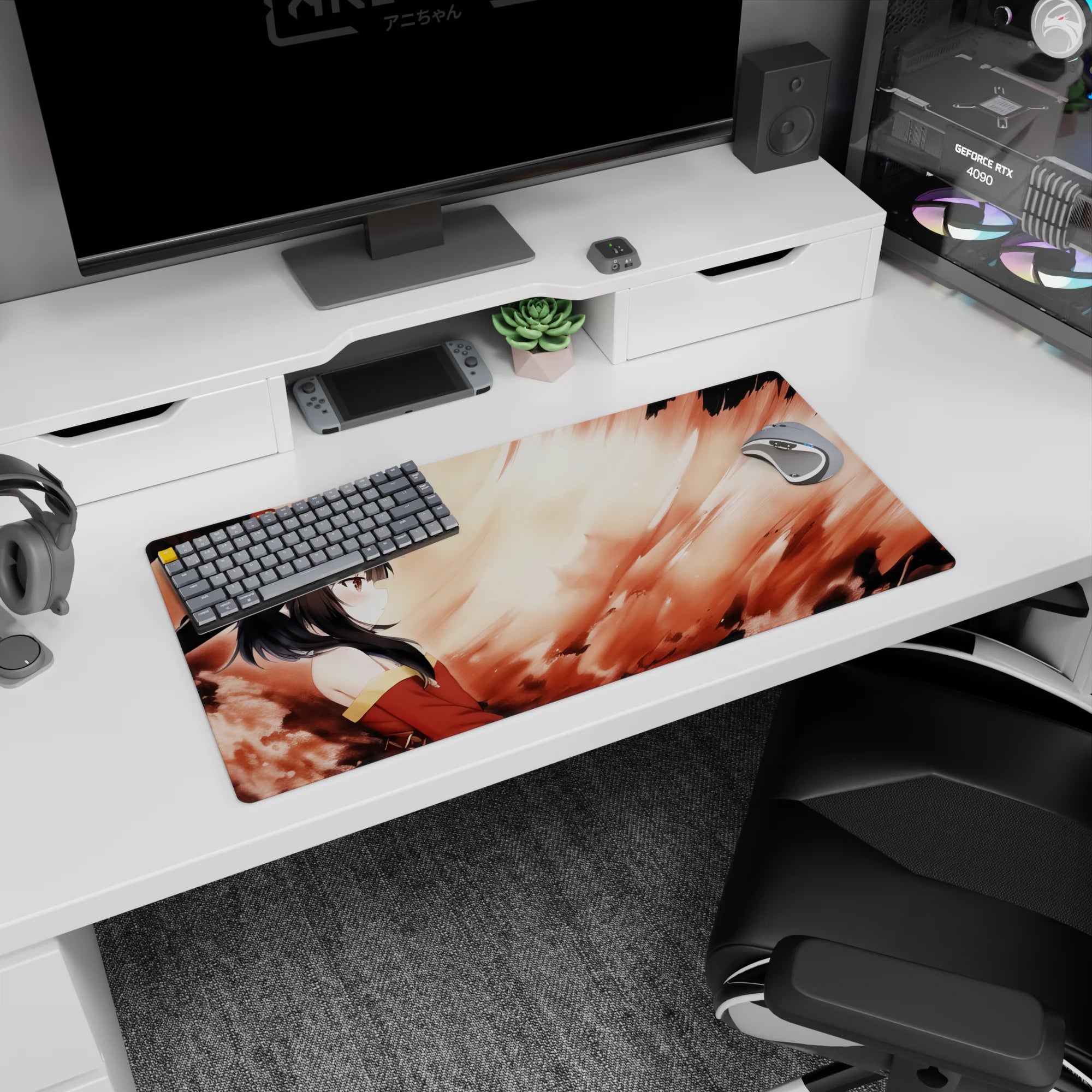 Megumin from Konosuba on a 32x16 inch mouse pad, her cloak blending with firelight, creating a calm yet explosive scene.