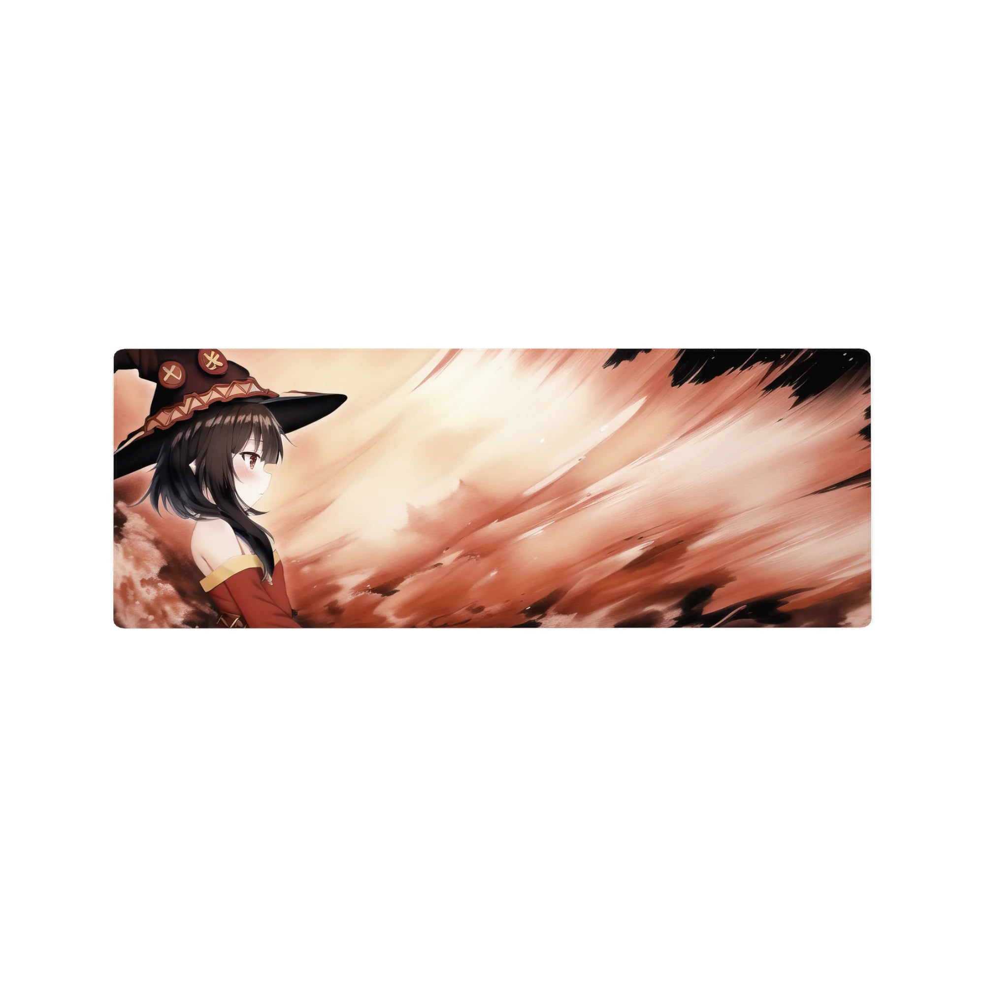 Megumin from Konosuba on a 32x12 inch anime mouse pad, her crimson cloak blending with firelight, capturing a serene yet powerful moment.