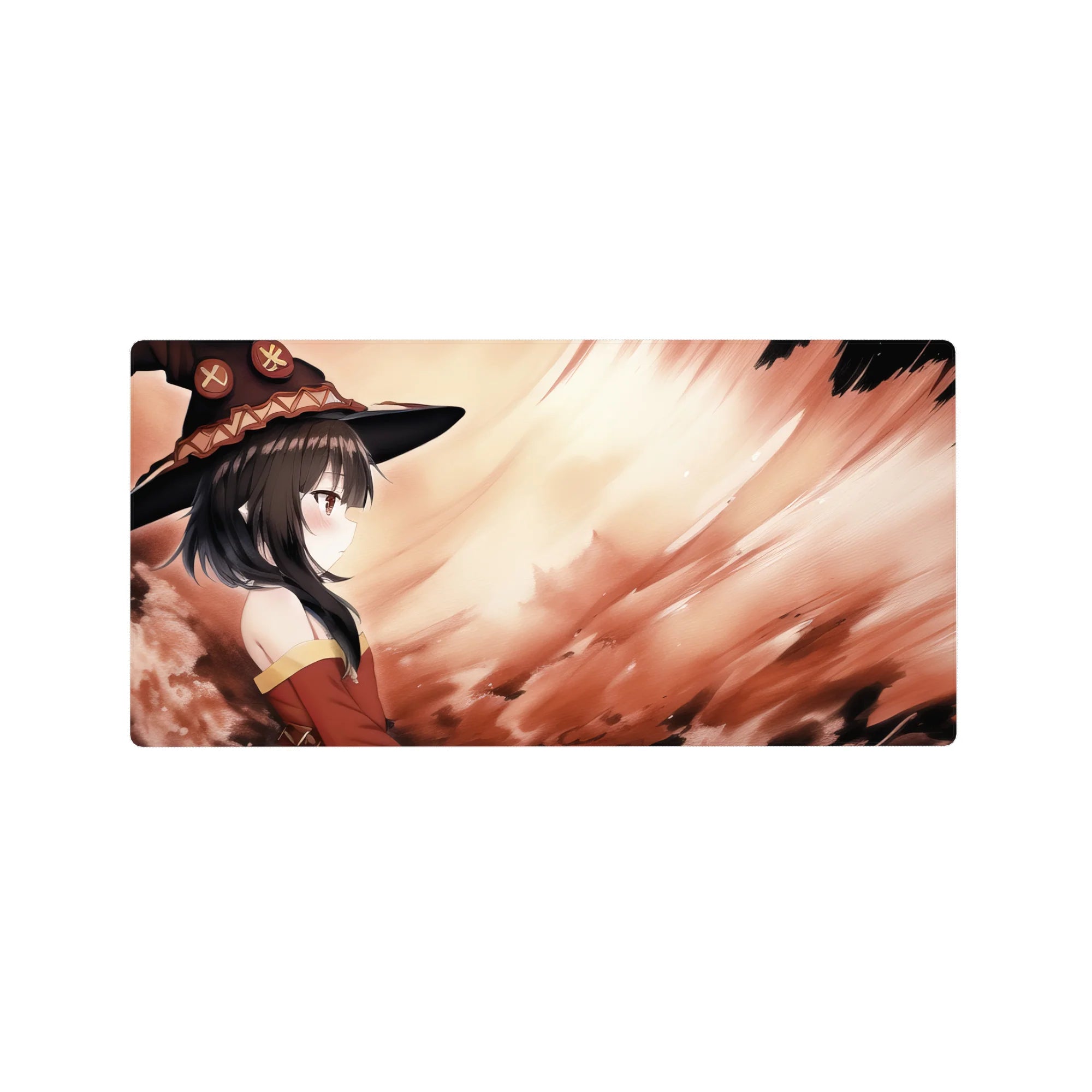 Megumin from Konosuba on a 32x16 inch anime mouse pad, her crimson cloak blending into swirling firelight, capturing a serene moment.