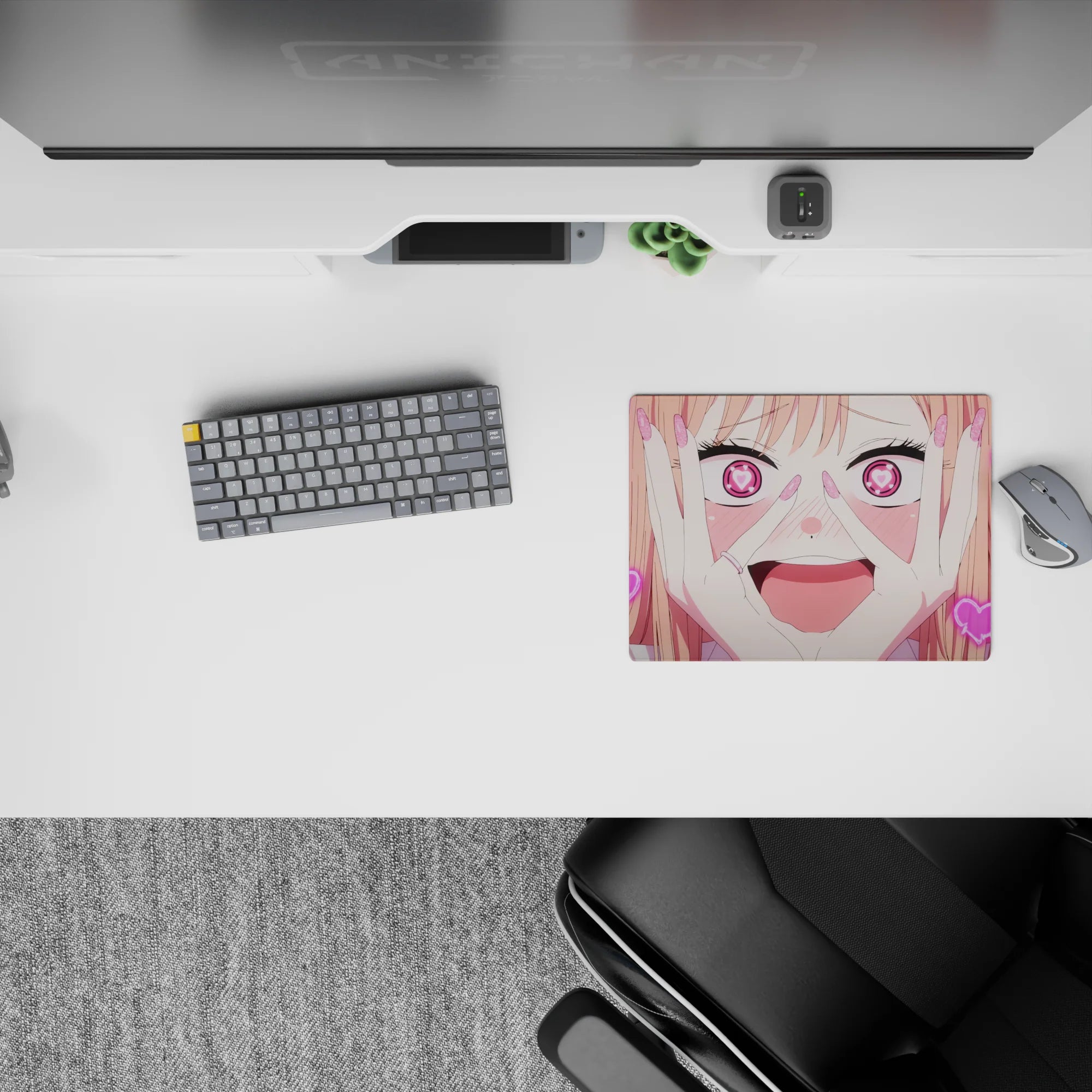 Kawaii anime mouse pad 14x10 inches in sugar pink magenta stripes and neon hearts, bubbly vibe.