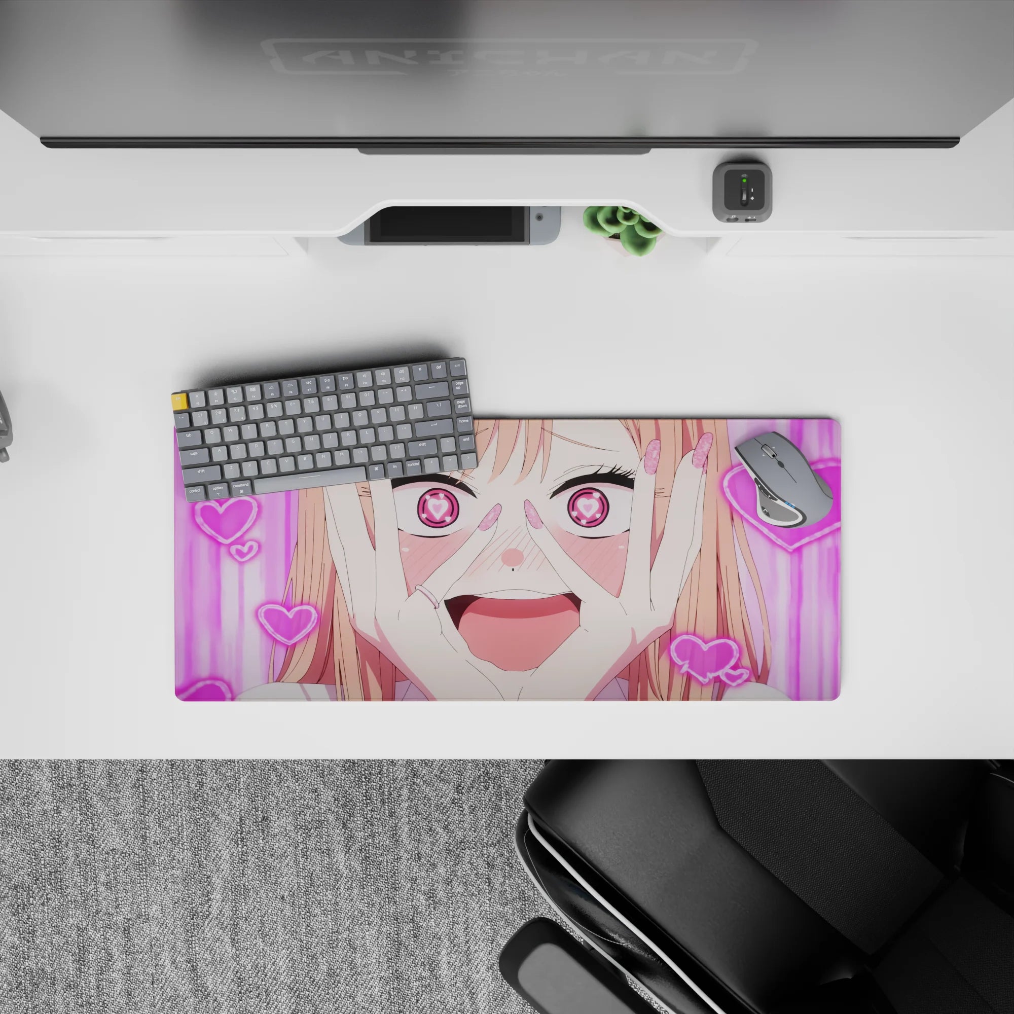 Sugar-pink rom-com vibe mouse pad 28x12 inches in magenta stripes, neon hearts, and bubbly chaos.