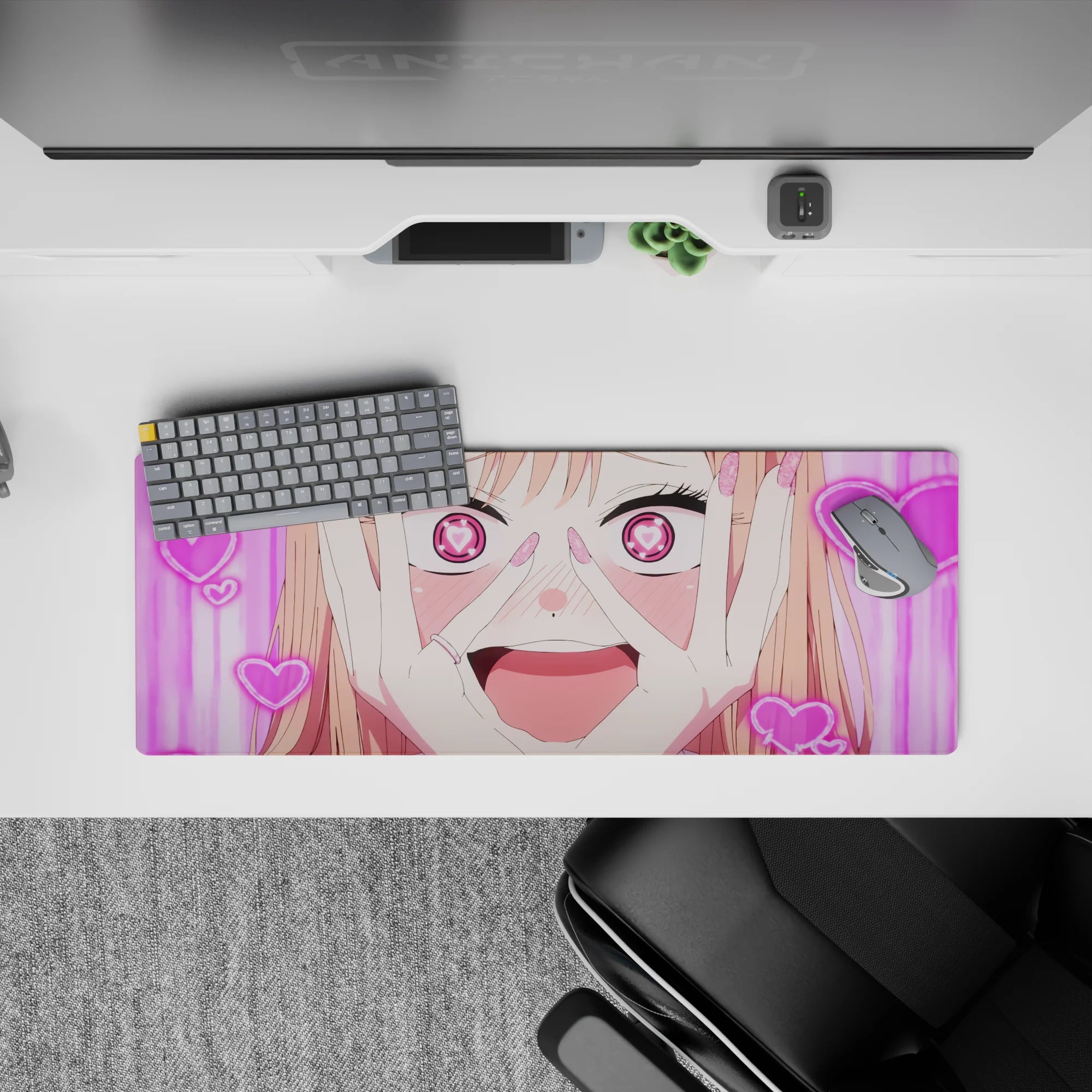 32x12 inches kawaii desk mat in sugar pink chaos, bubbly rom-com vibe with neon hearts and glittery details.