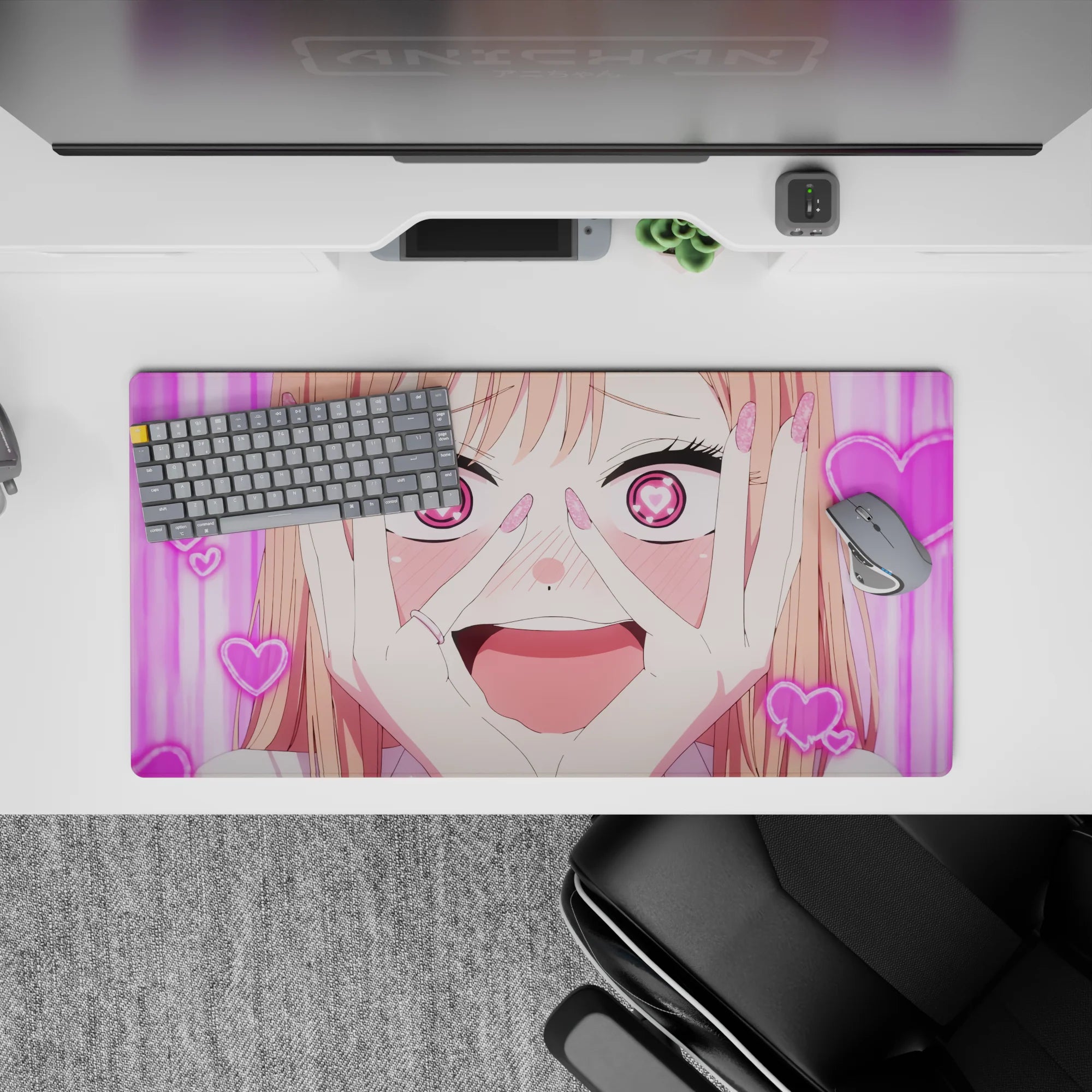 Sugar-pink rom-com vibe anime mouse pad 32x16 inches, neon hearts, bubbly kawaii print, smooth glide.