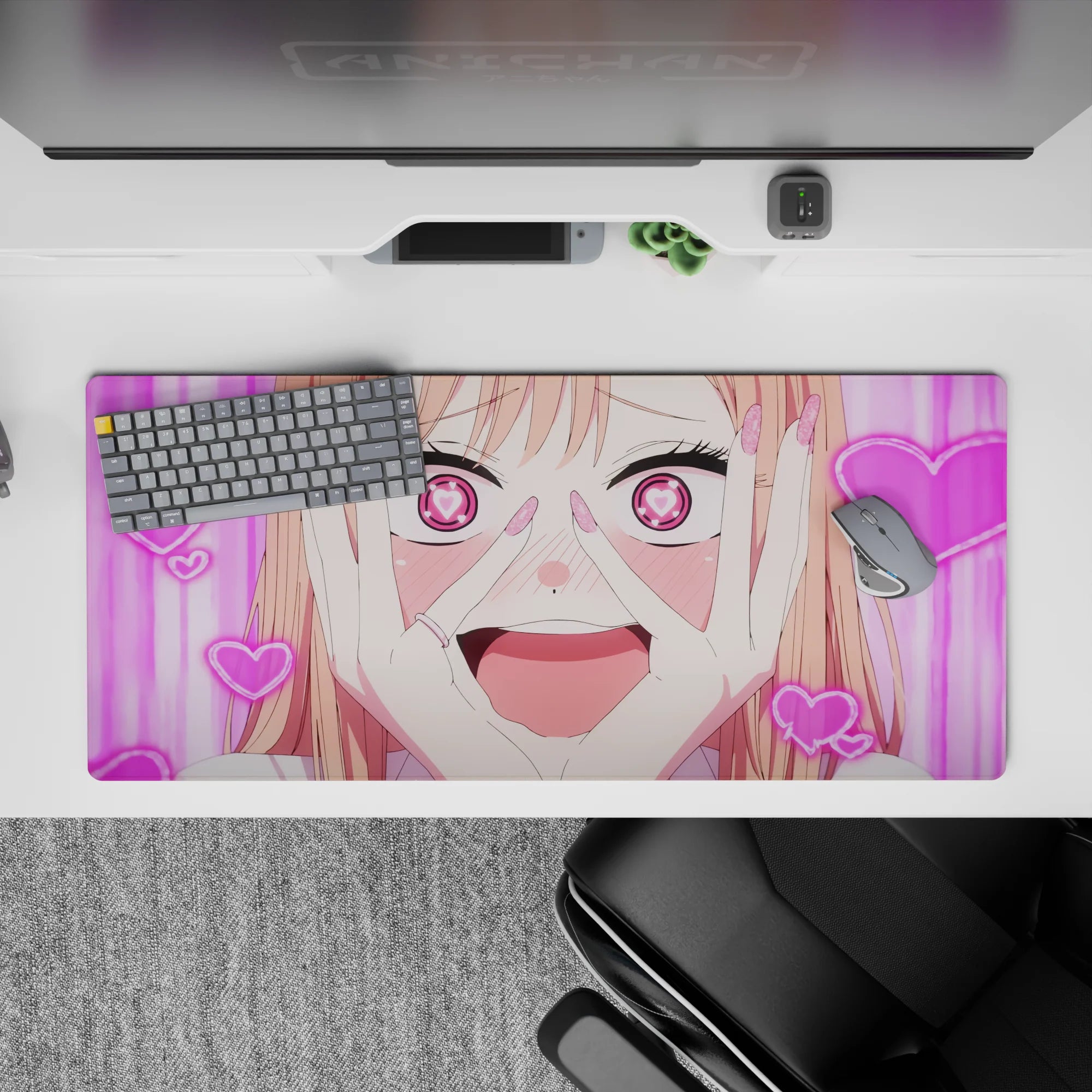 Sugar-pink kawaii desk pad 36x16 inches, bubbly rom-com vibe with neon hearts and glitter accents.