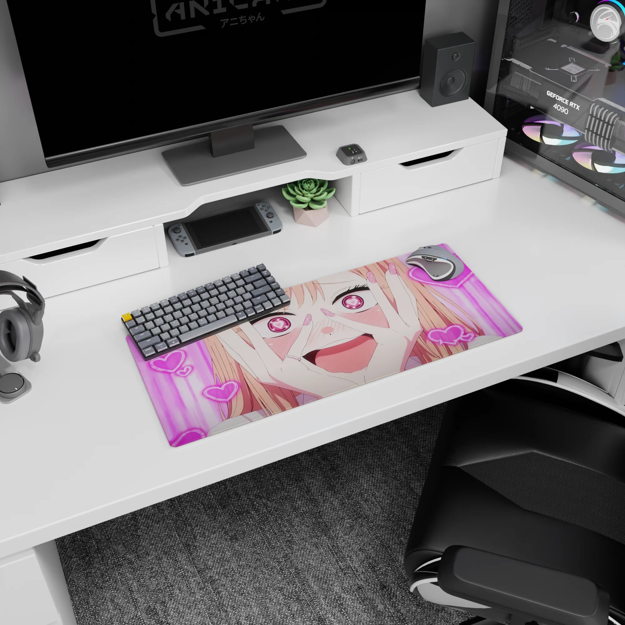Happy anime girl with heart pupils and glitter nails screaming with joy on a 28x12 inches desk mouse pad.