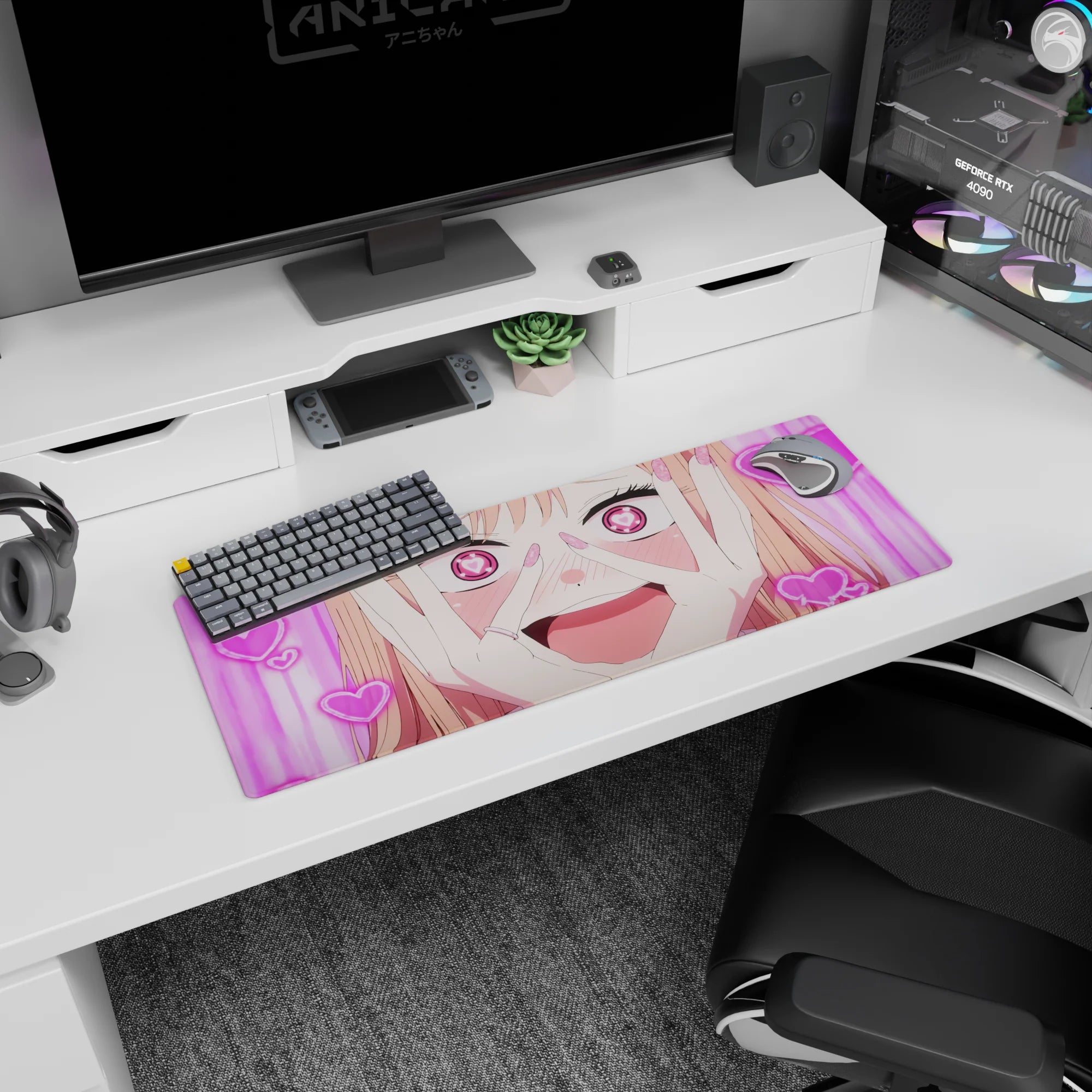 32x12 inches anime girl mouse pad showing a blushing girl with heart pupils and glitter nails, grinning wide.